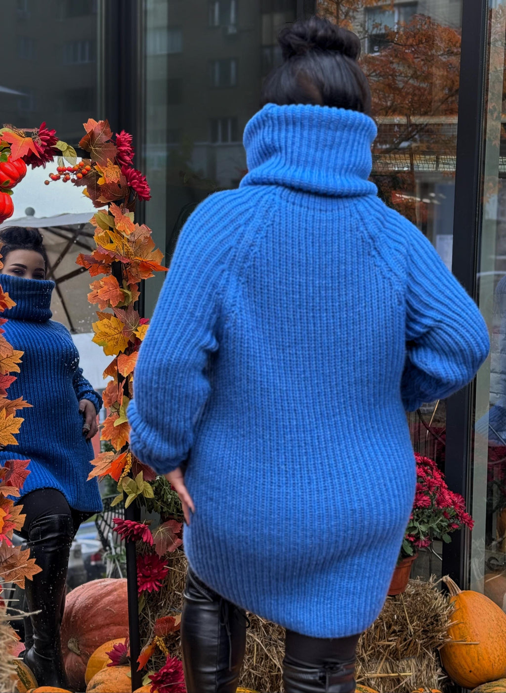 Blue hand knit big high collar long sleeves wool sweater Cable Knit Turtleneck wool pullover Womens Chunky knit sweater dress Plus size