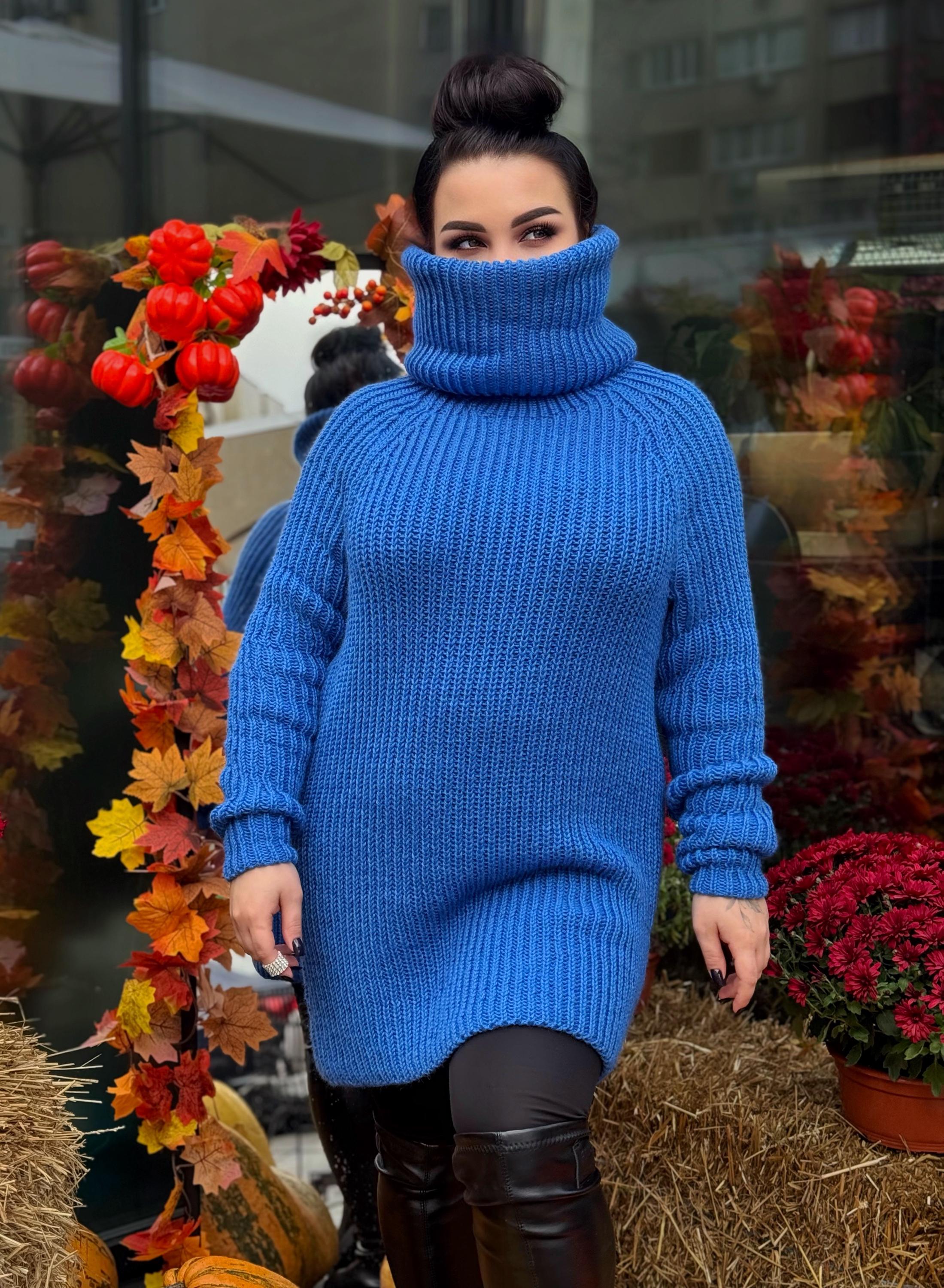 Hand knit blue high collar long wool turtleneck dress Cable Knit wseater wool pullover Womens Chunky knit big collar sweater dress Plus size