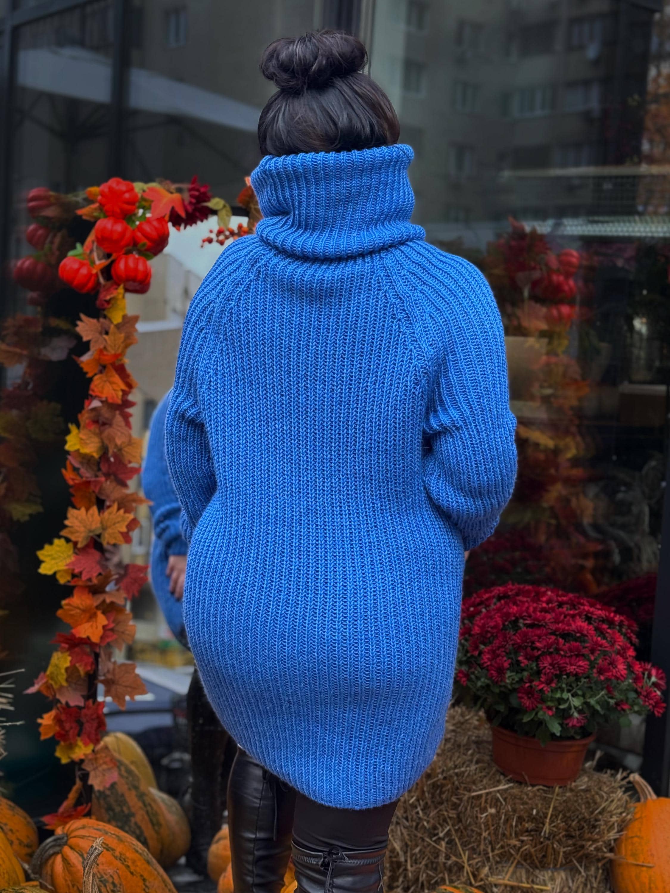 Hand knit blue high collar long wool turtleneck dress Cable Knit wseater wool pullover Womens Chunky knit big collar sweater dress Plus size