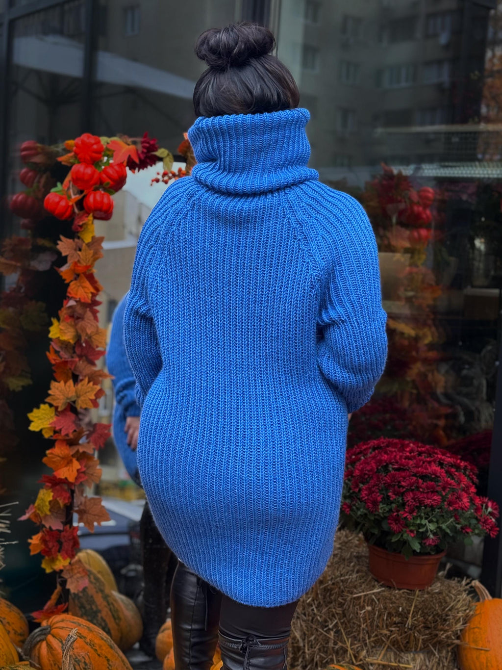 Hand knit blue high collar long wool turtleneck dress Cable Knit wseater wool pullover Womens Chunky knit big collar sweater dress Plus size