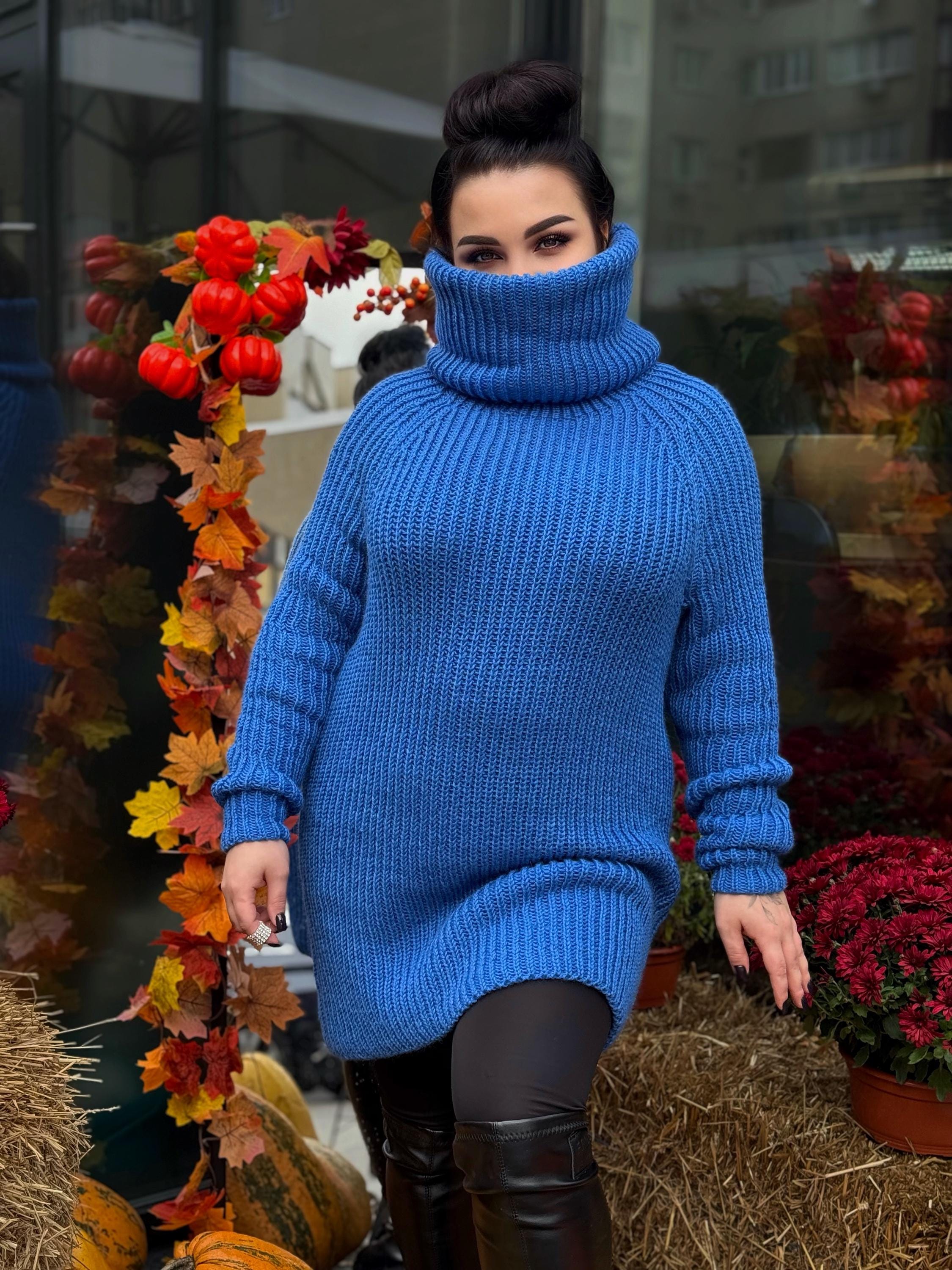 Hand knit blue high collar long wool turtleneck dress Cable Knit wseater wool pullover Womens Chunky knit big collar sweater dress Plus size