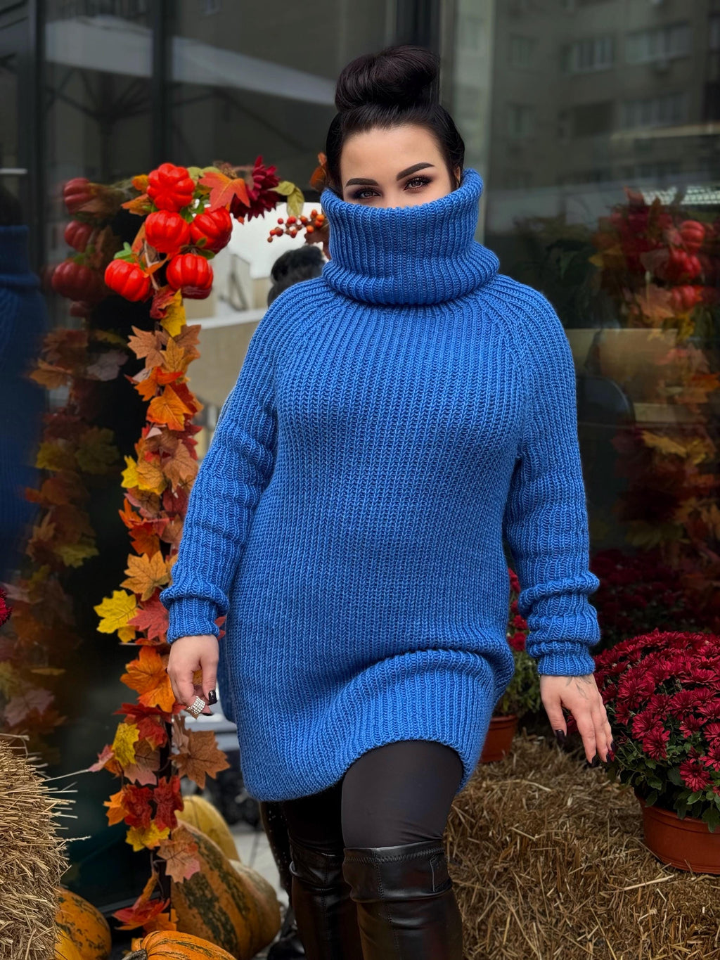 Blue hand knit big high collar long sleeves wool sweater Cable Knit Turtleneck wool pullover Womens Chunky knit sweater dress Plus size