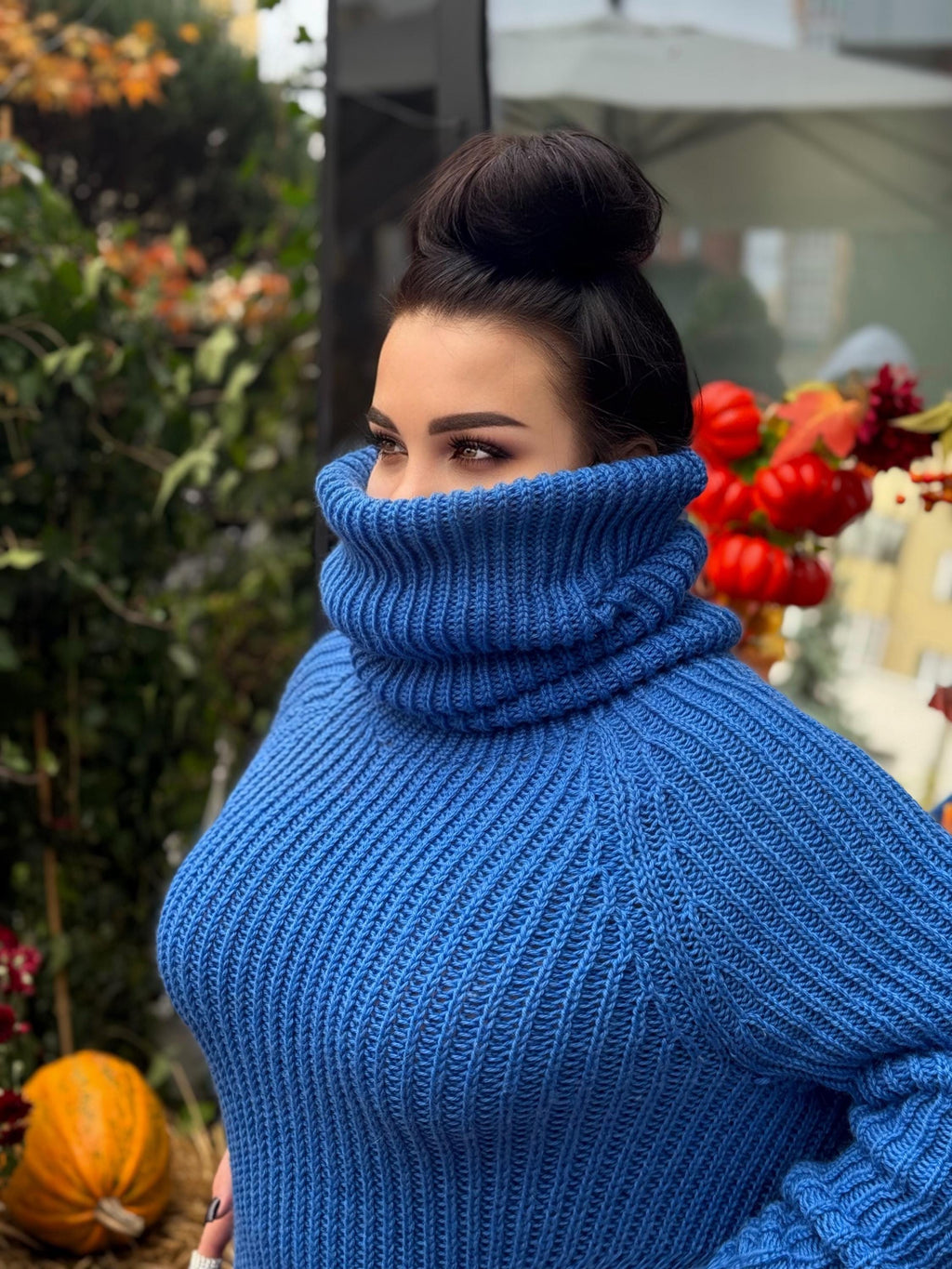 Hand knit blue high collar long wool turtleneck dress Cable Knit wseater wool pullover Womens Chunky knit big collar sweater dress Plus size