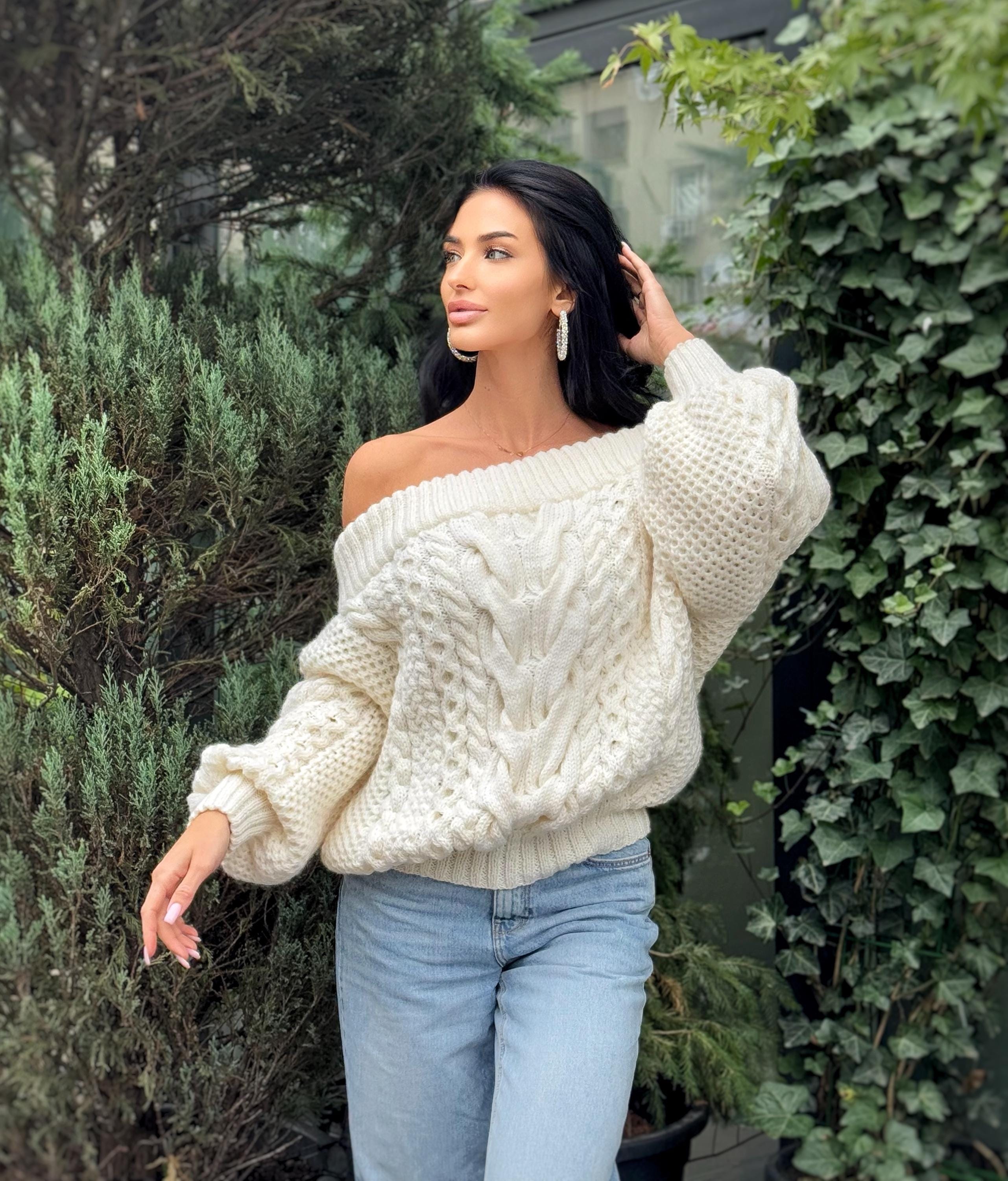 White - milk Cream hand knit merino wool sweater woman Cable knitted «butter color» sweater Loose pullover Сhunky knit bulky off shoulder