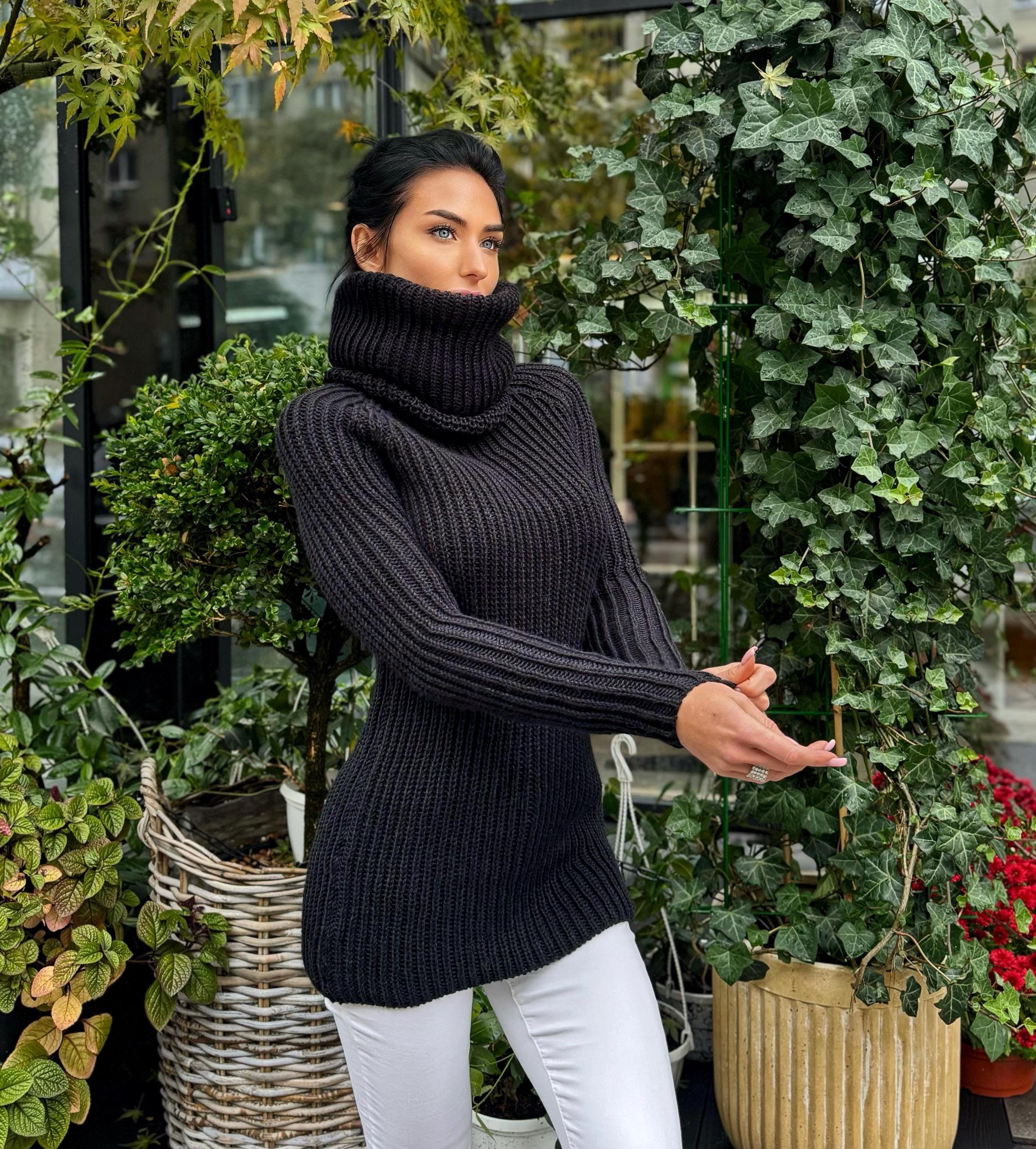Cable knit black hand knit merino wool big high collar long sweater wool big pullover Chunky knit sweater dress long narrow sleeves