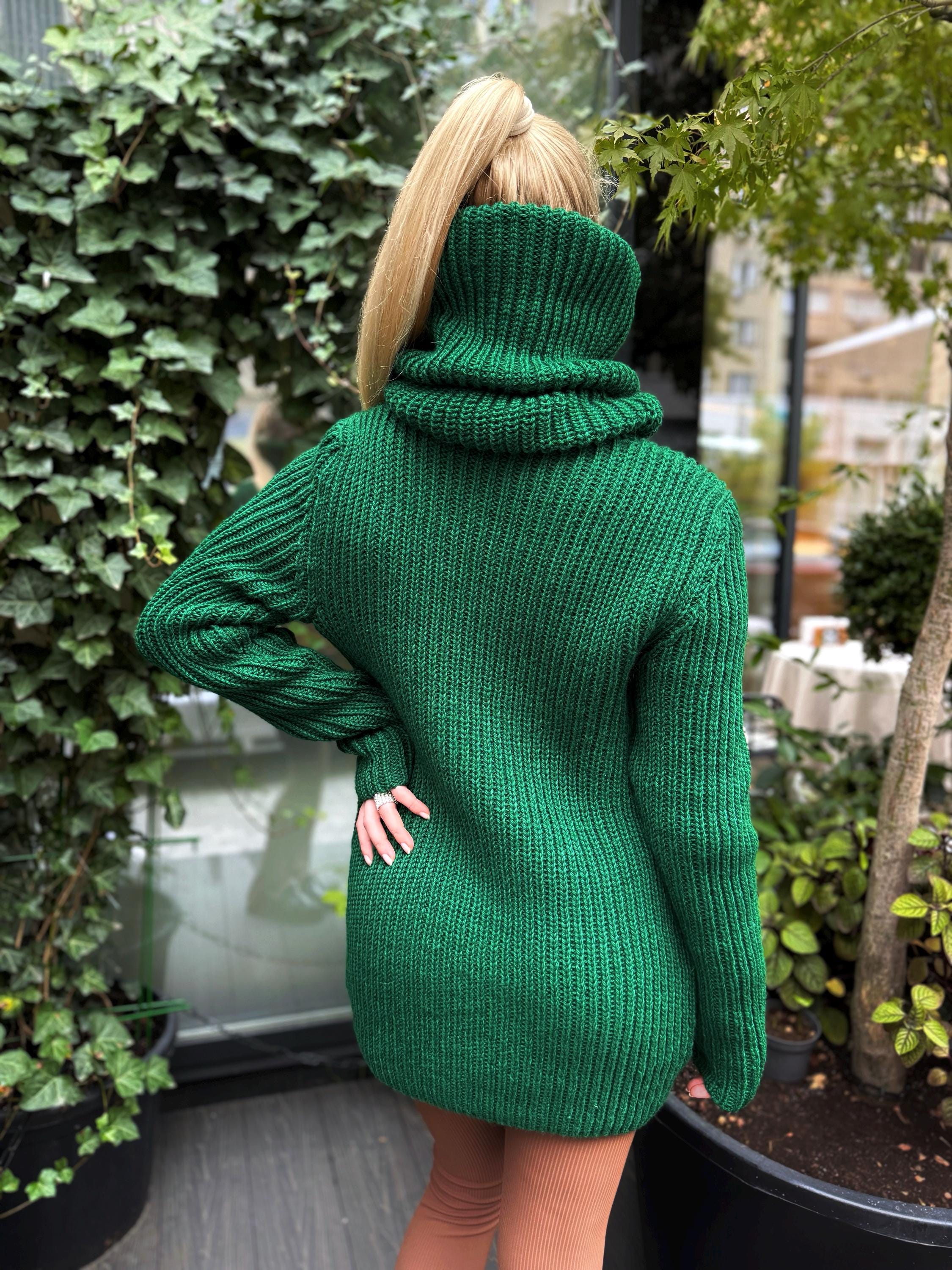 Hand knit dig wool turtleneck Dark green big high collar long sleeves sweater dress Cable Knit wool pullover Womens Chunky knit fall sweater