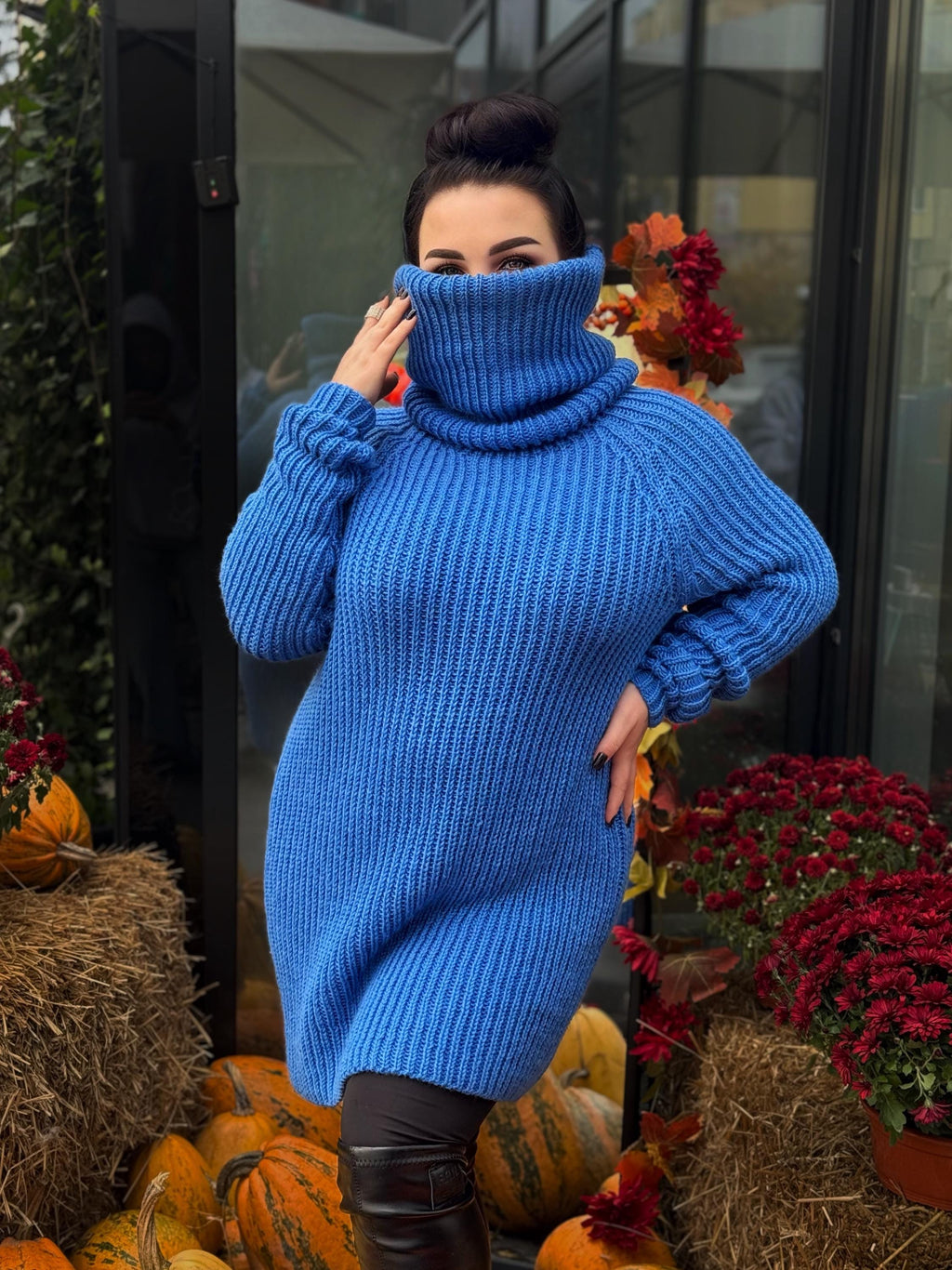 Blue hand knit big high collar long sleeves wool sweater Cable Knit Turtleneck wool pullover Womens Chunky knit sweater dress Plus size
