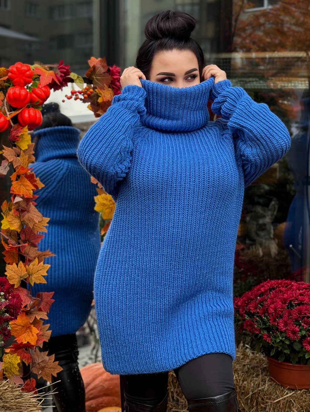 Blue hand knit big high collar long sleeves wool sweater Cable Knit Turtleneck wool pullover Womens Chunky knit sweater dress Plus size