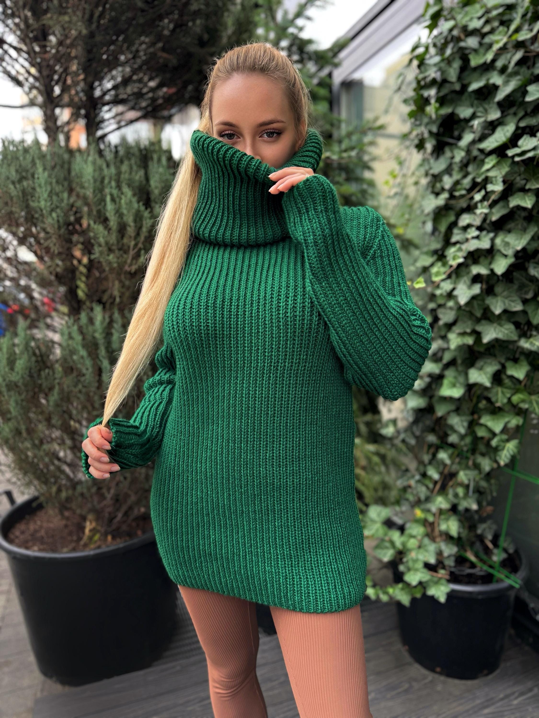 Hand knit dig wool turtleneck Dark green big high collar long sleeves sweater dress Cable Knit wool pullover Womens Chunky knit fall sweater