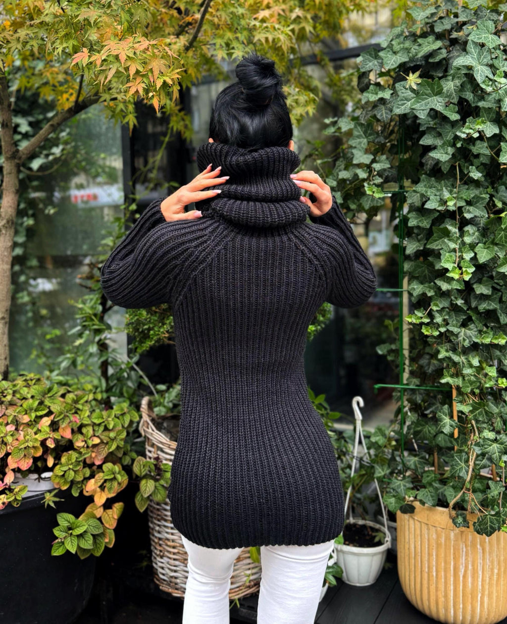 Hand knit dig wool turtleneck Dark green big high collar long sleeves sweater dress Cable Knit wool pullover Womens Chunky knit fall sweater
