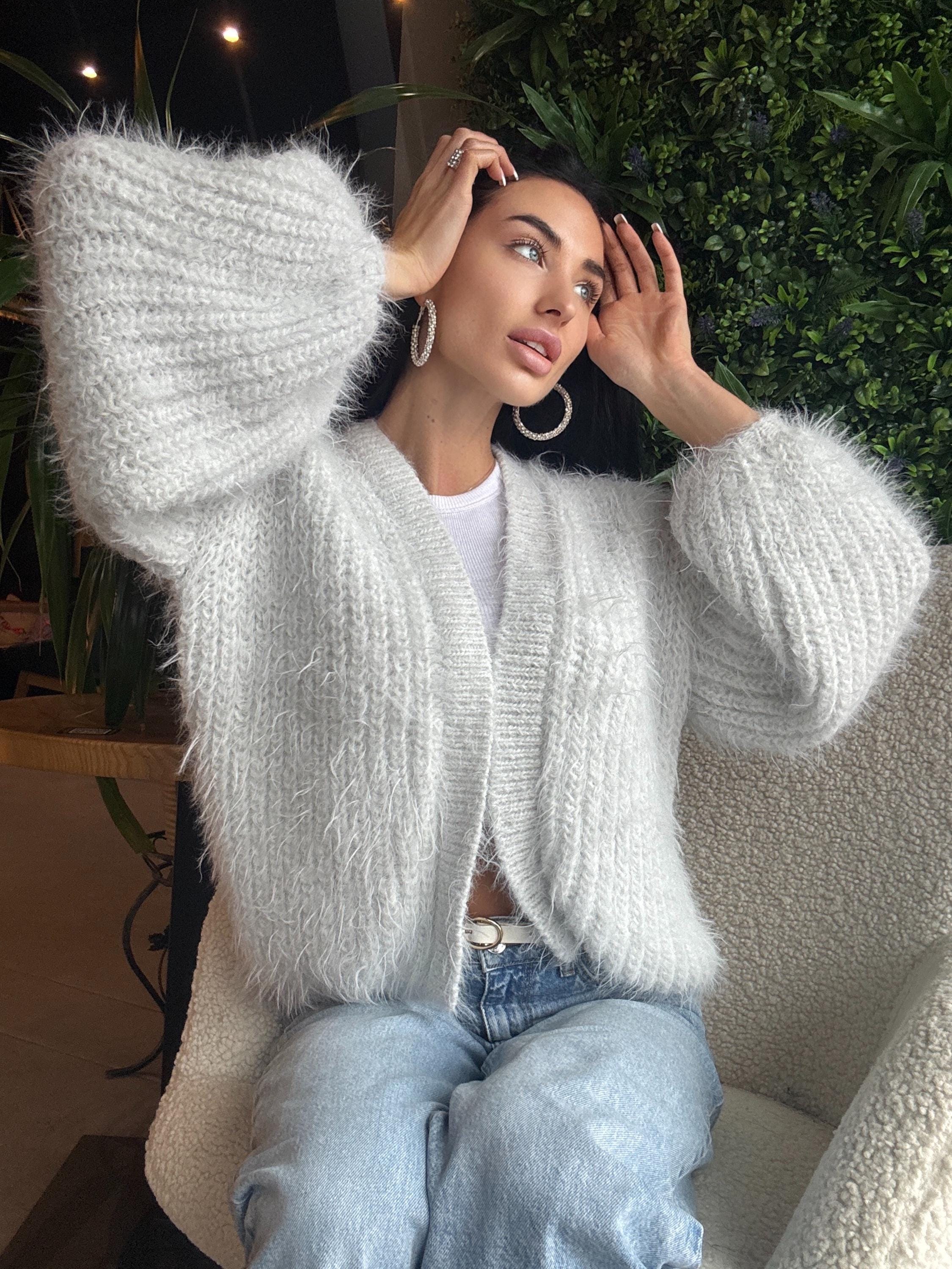 Merino wool pastel ashen white gray crop fluffy cardigan women Wedding cardigan Mohair sweater Hand knitted coat Jacket Bridal shrug bolero