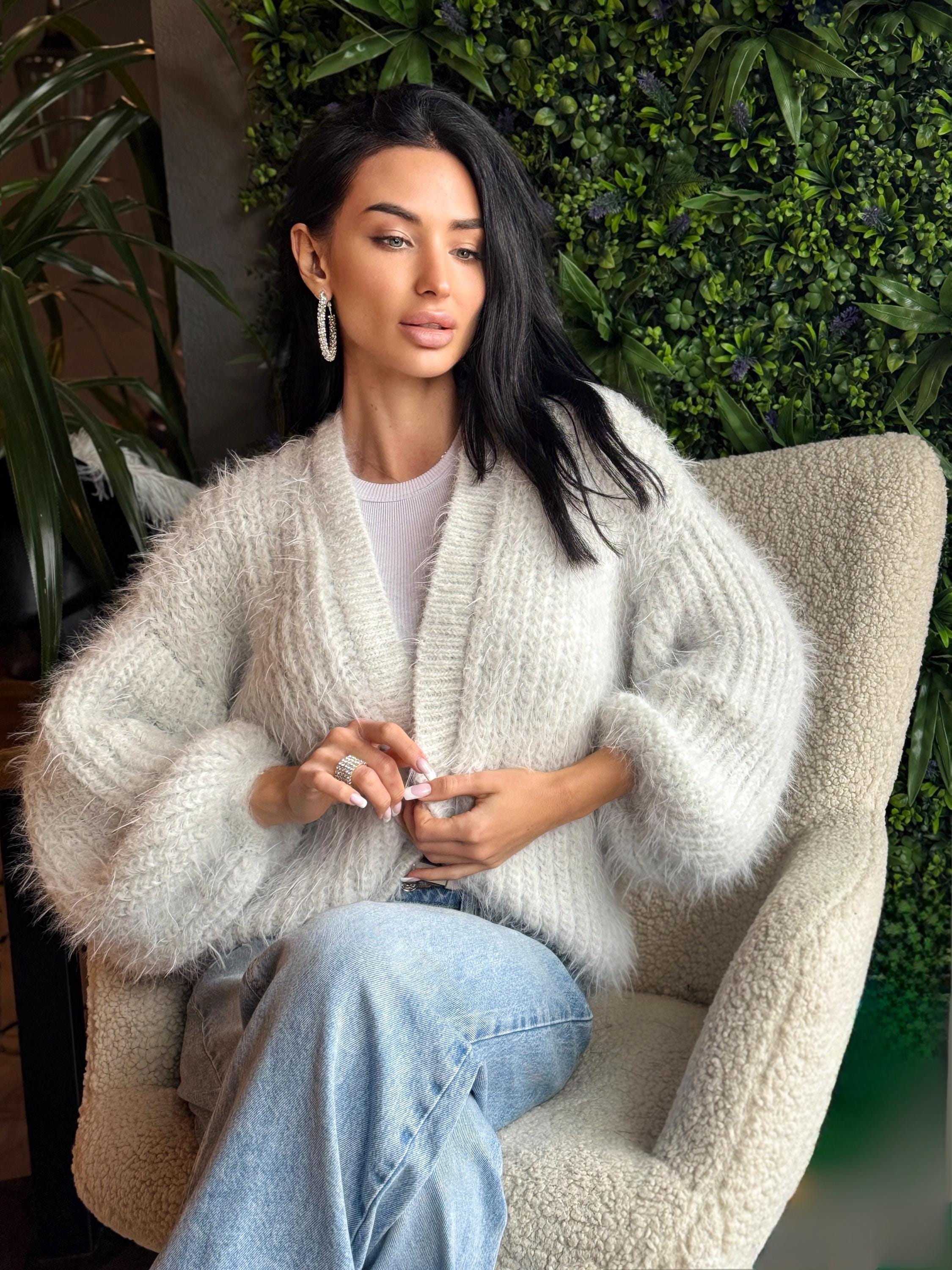 Merino wool pastel ashen white gray crop fluffy cardigan women Wedding cardigan Mohair sweater Hand knitted coat Jacket Bridal shrug bolero