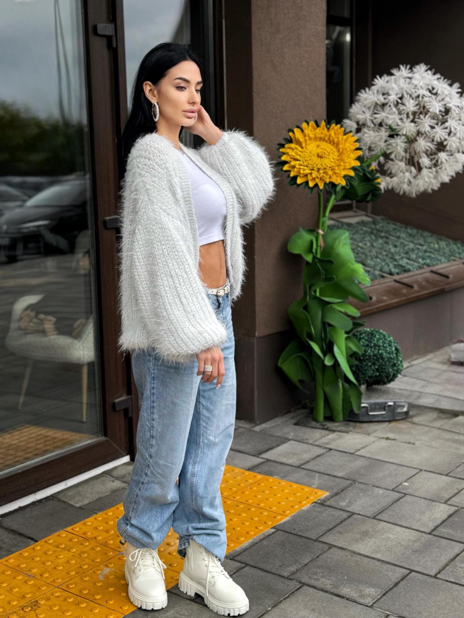 Merino wool pastel ashen white gray crop fluffy cardigan women Wedding cardigan Mohair sweater Hand knitted coat Jacket Bridal shrug bolero