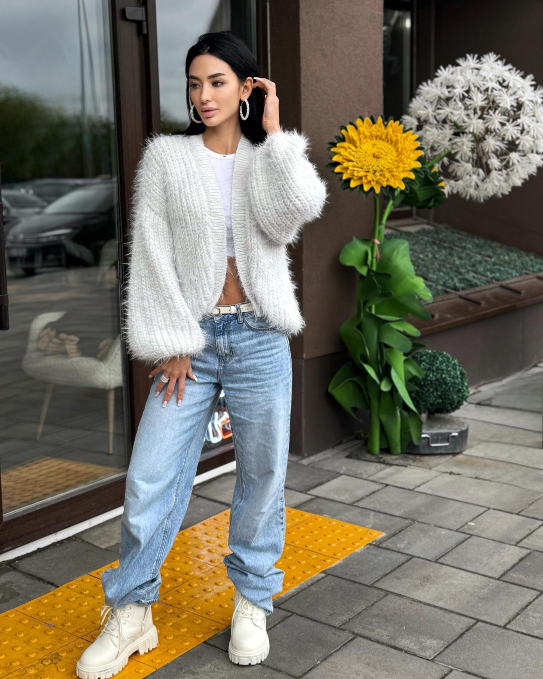 Merino wool pastel ashen white gray crop fluffy cardigan women Wedding cardigan Mohair sweater Hand knitted coat Jacket Bridal shrug bolero