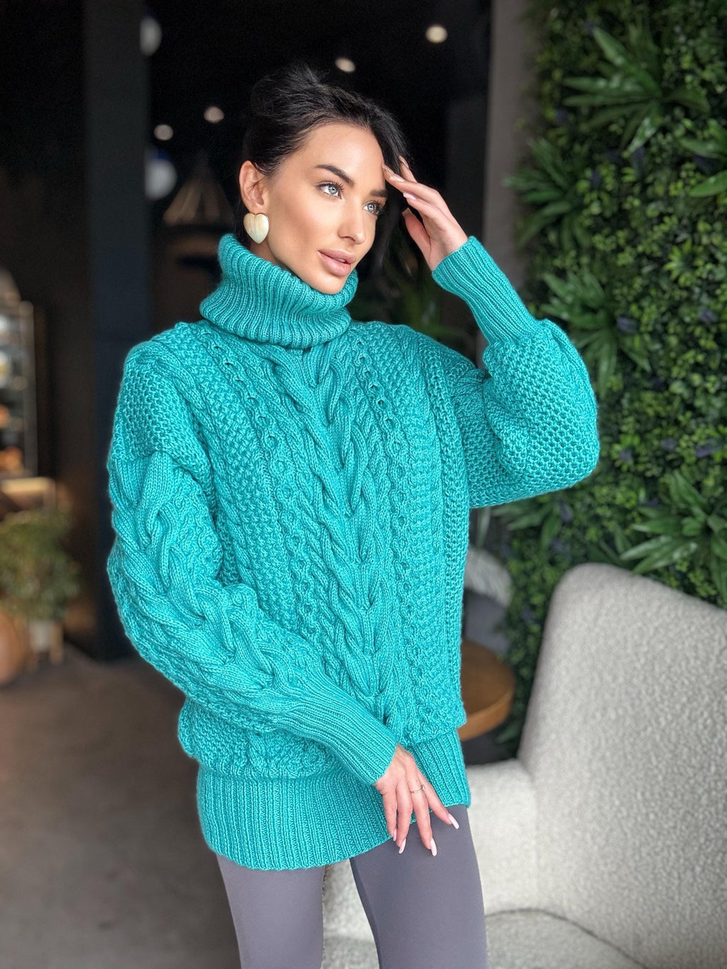Aran long oversiz emerald big hand knit wool sweater dress Turtleneck green blue cable knit women Сhunky knit sweater High collar Clamp