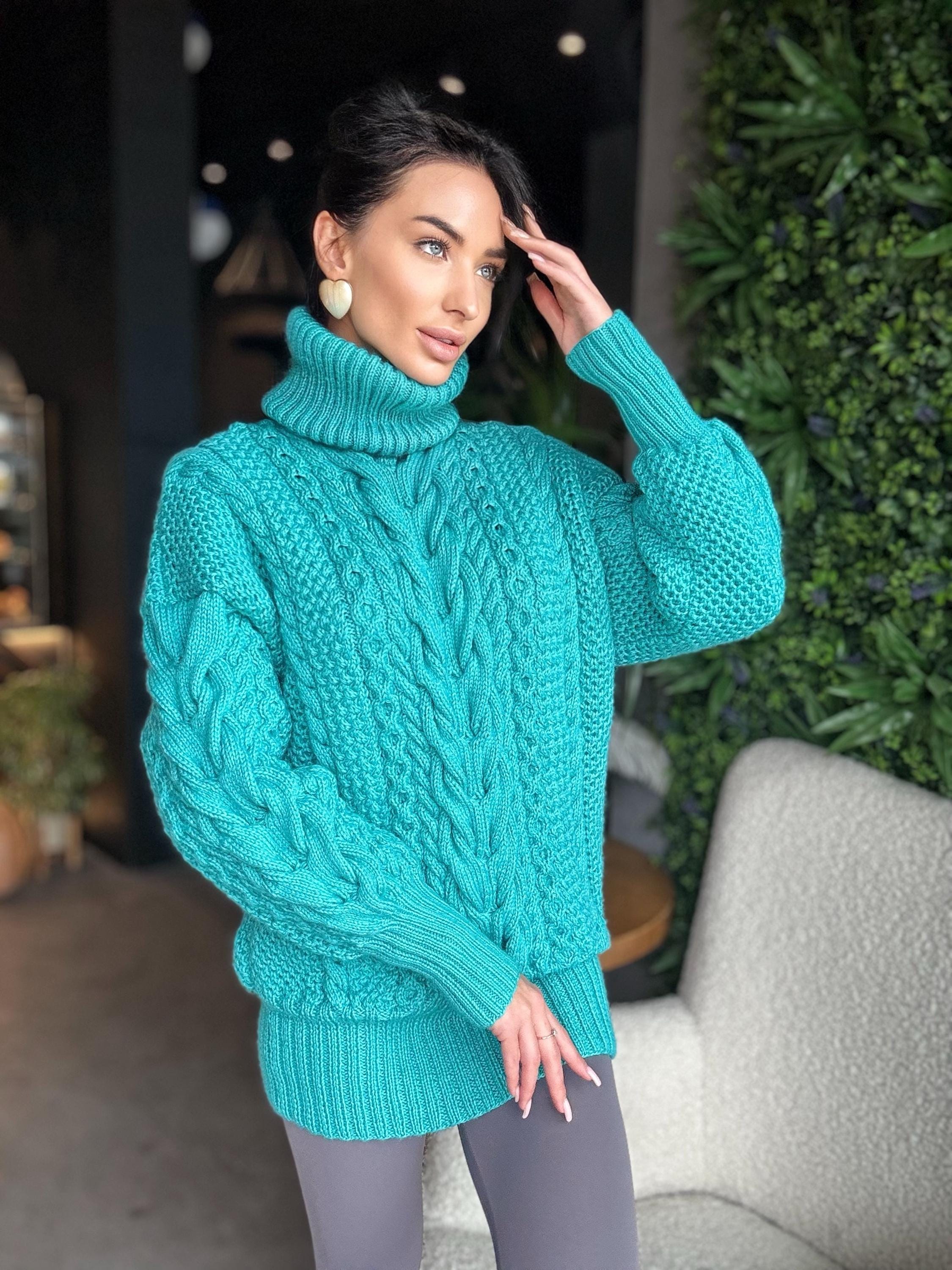 Aran long oversiz emerald big hand knit wool sweater dress Turtleneck green blue cable knit women Сhunky knit sweater High collar Clamp