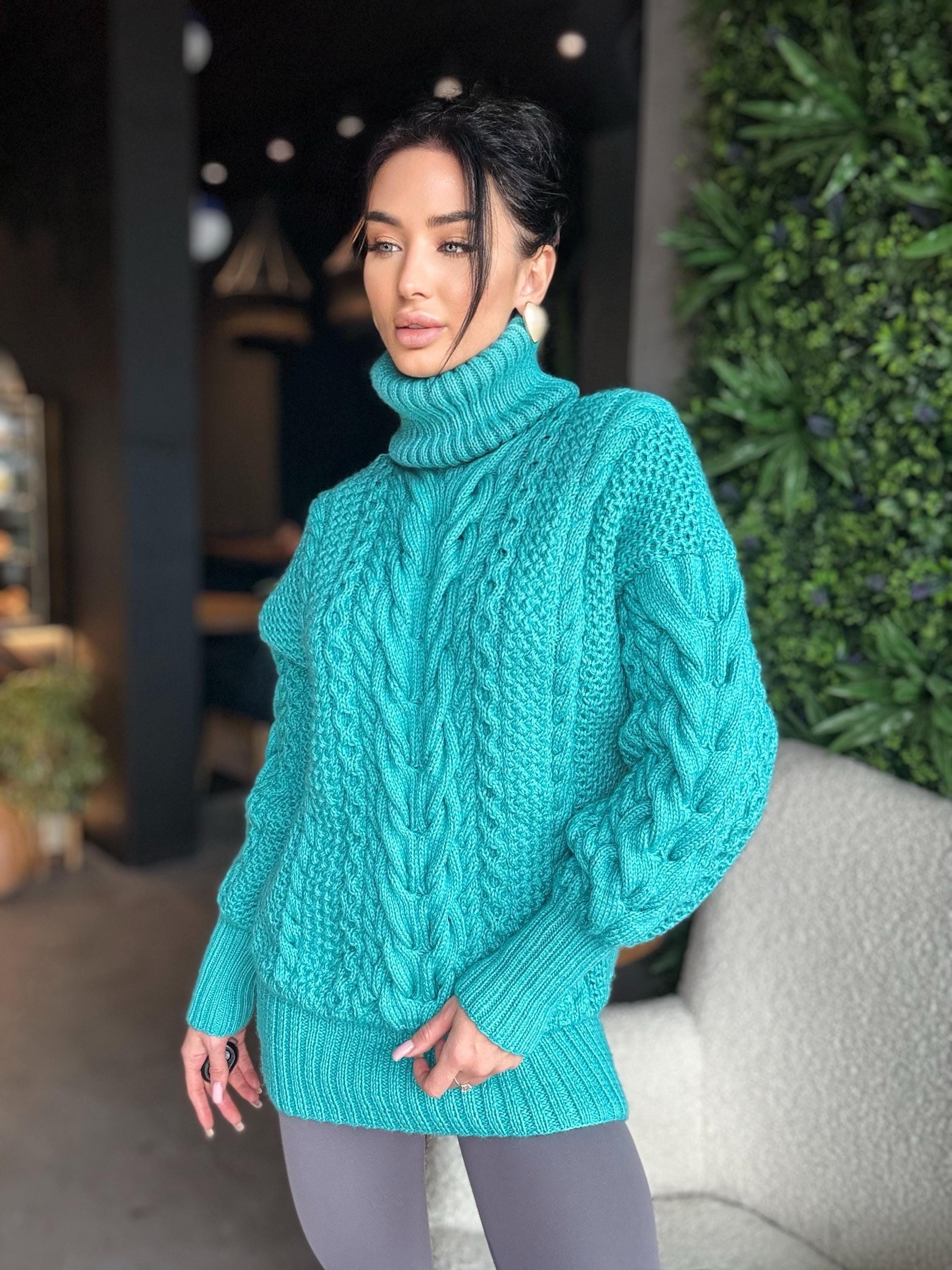 Aran long oversiz emerald big hand knit wool sweater dress Turtleneck green blue cable knit women Сhunky knit sweater High collar Clamp