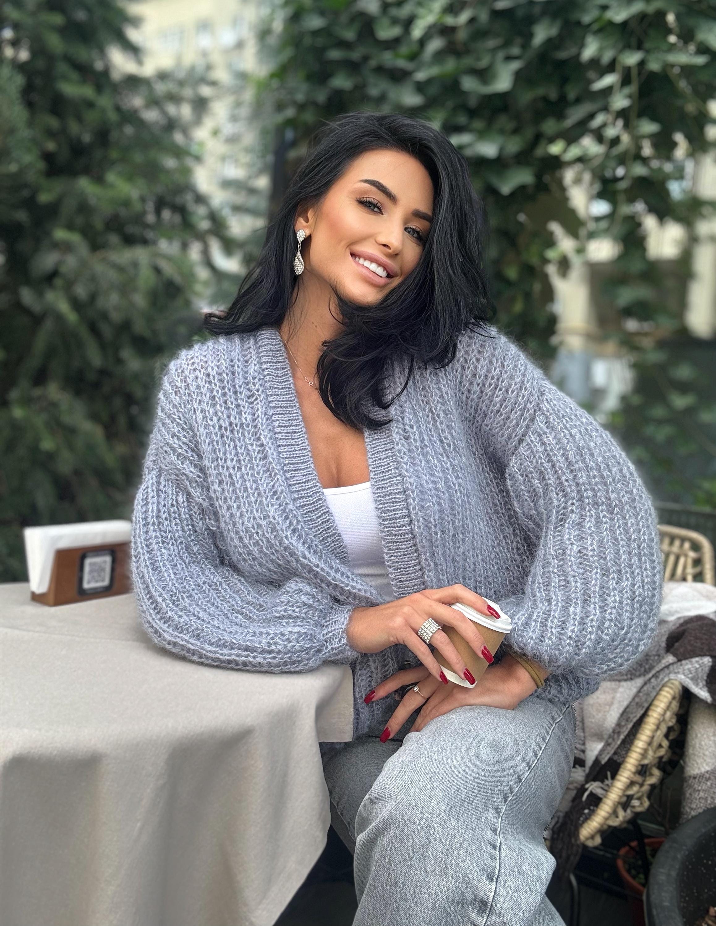 Mohair Light gray cardigan women Wedding cardigan Mohair sweater Knitted coat Jacket Women Wool Fluffy short soft crop merino cardigan