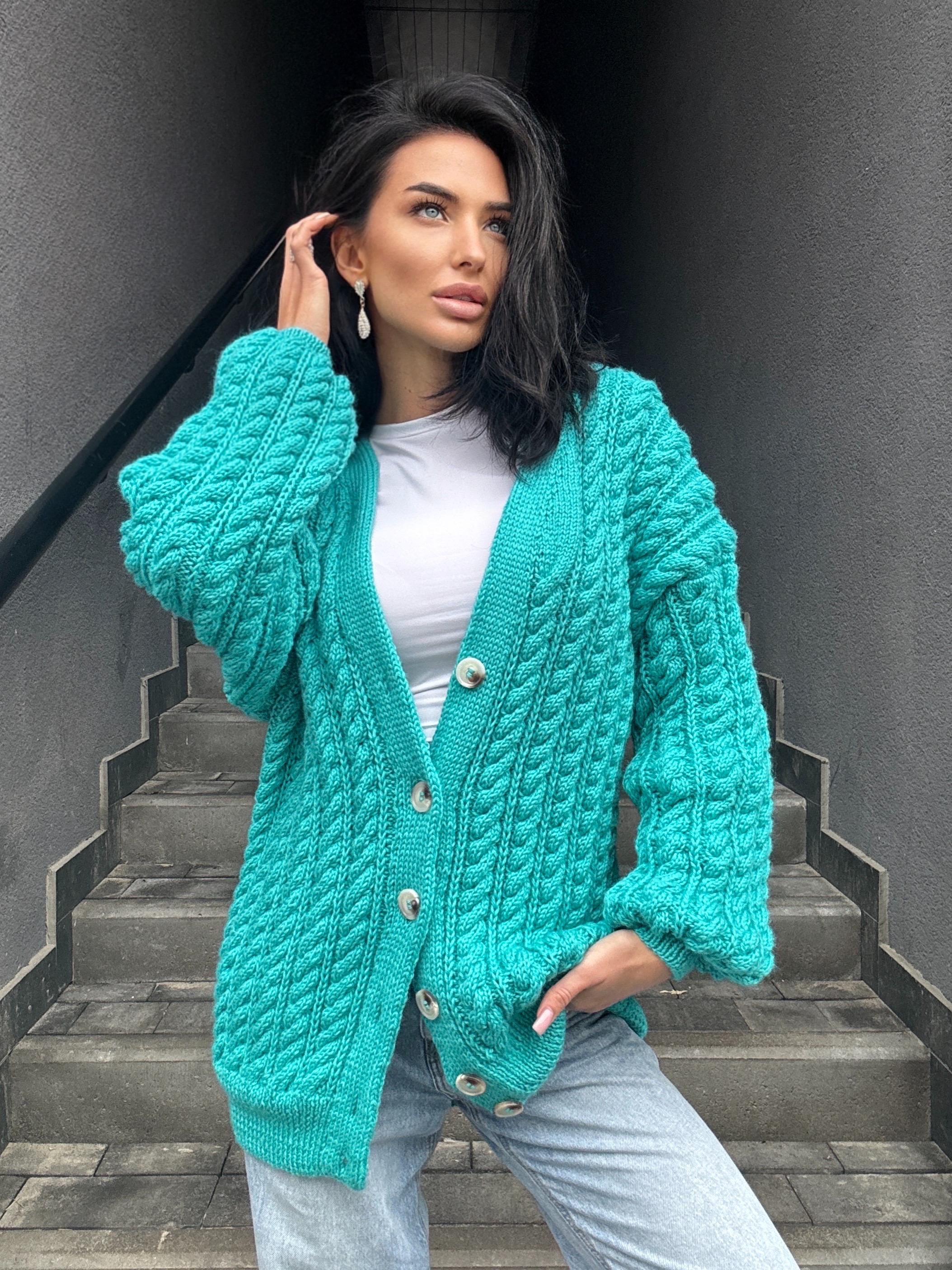 Handmade aran wool knit unisex cardigan on buttons Braided sweater Cable knit cardigan cozy long cardigan V collar blue crochet cardigan
