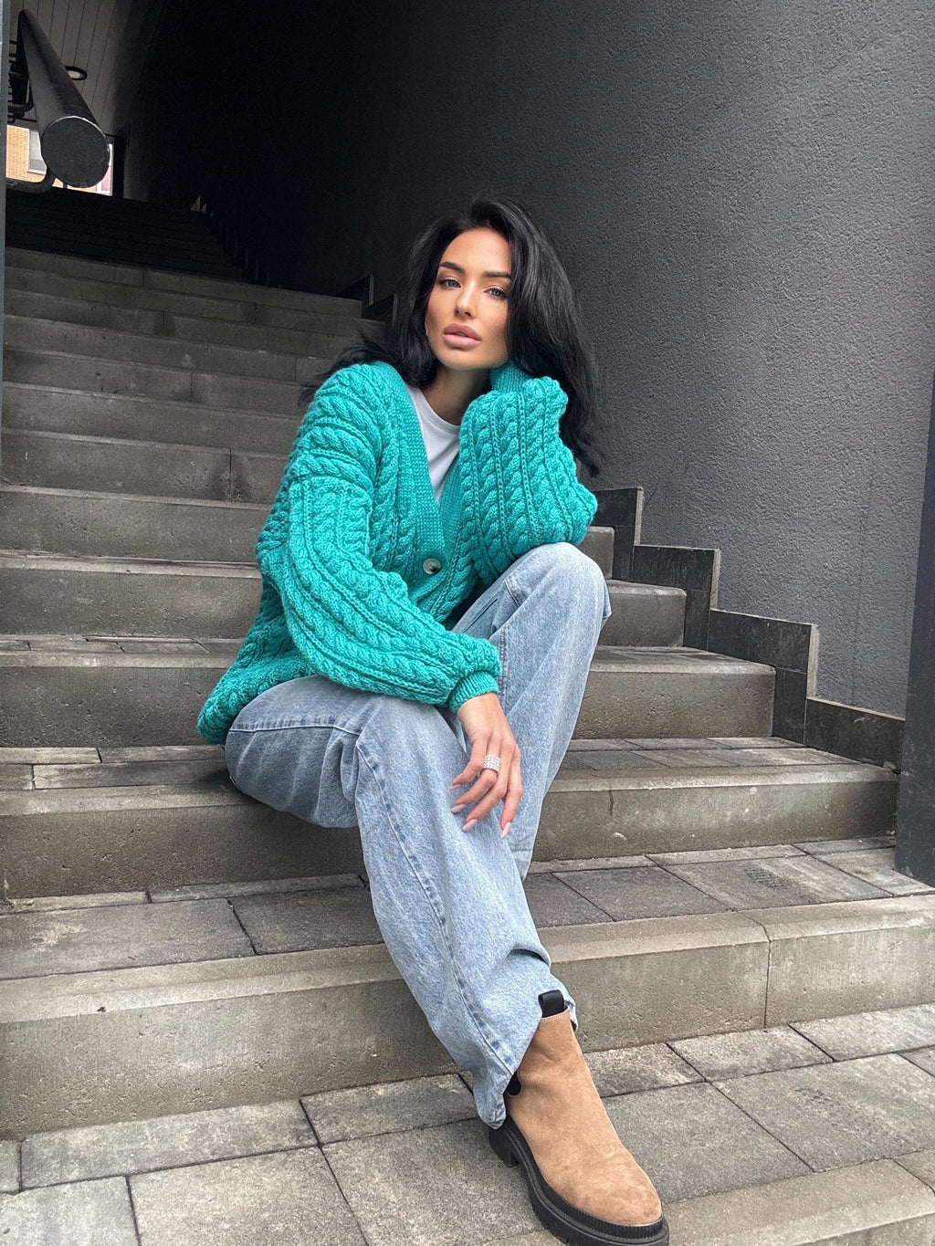 Handmade aran wool knit unisex cardigan on buttons Braided sweater Cable knit cardigan cozy long cardigan V collar blue crochet cardigan