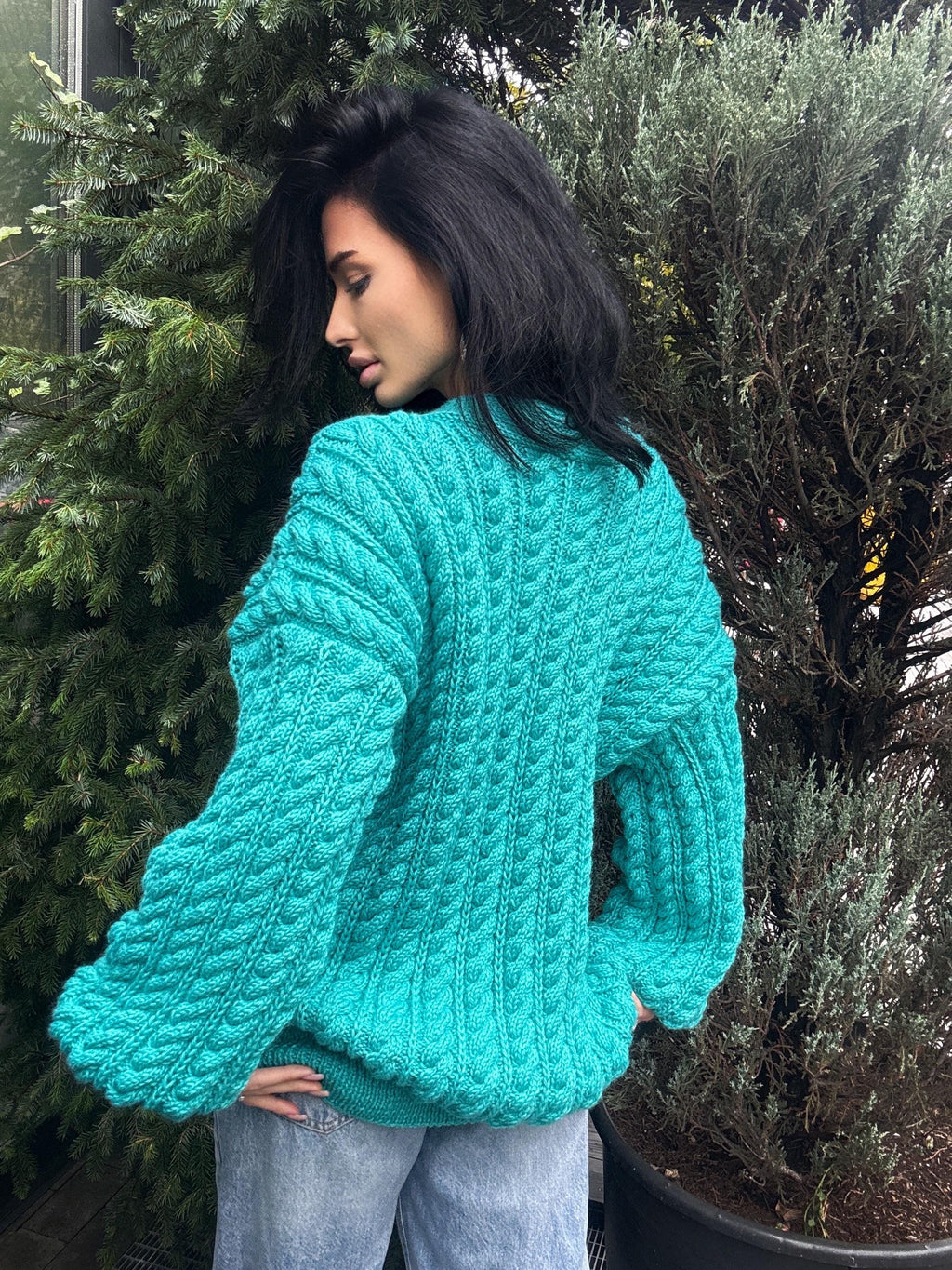 Handmade aran wool knit unisex cardigan on buttons Braided sweater Cable knit cardigan cozy long cardigan V collar blue crochet cardigan