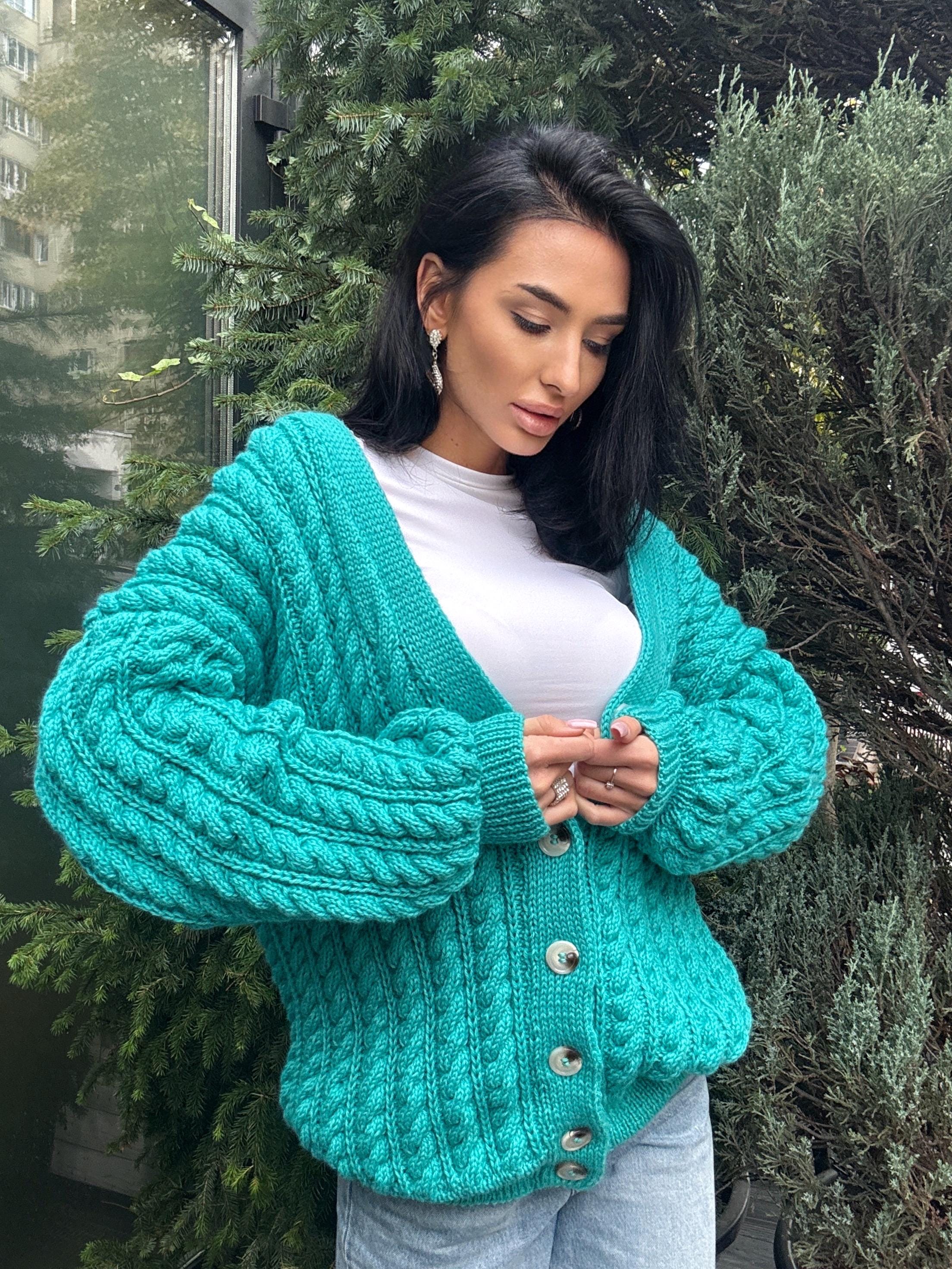 Handmade aran wool knit unisex cardigan on buttons Braided sweater Cable knit cardigan cozy long cardigan V collar blue crochet cardigan