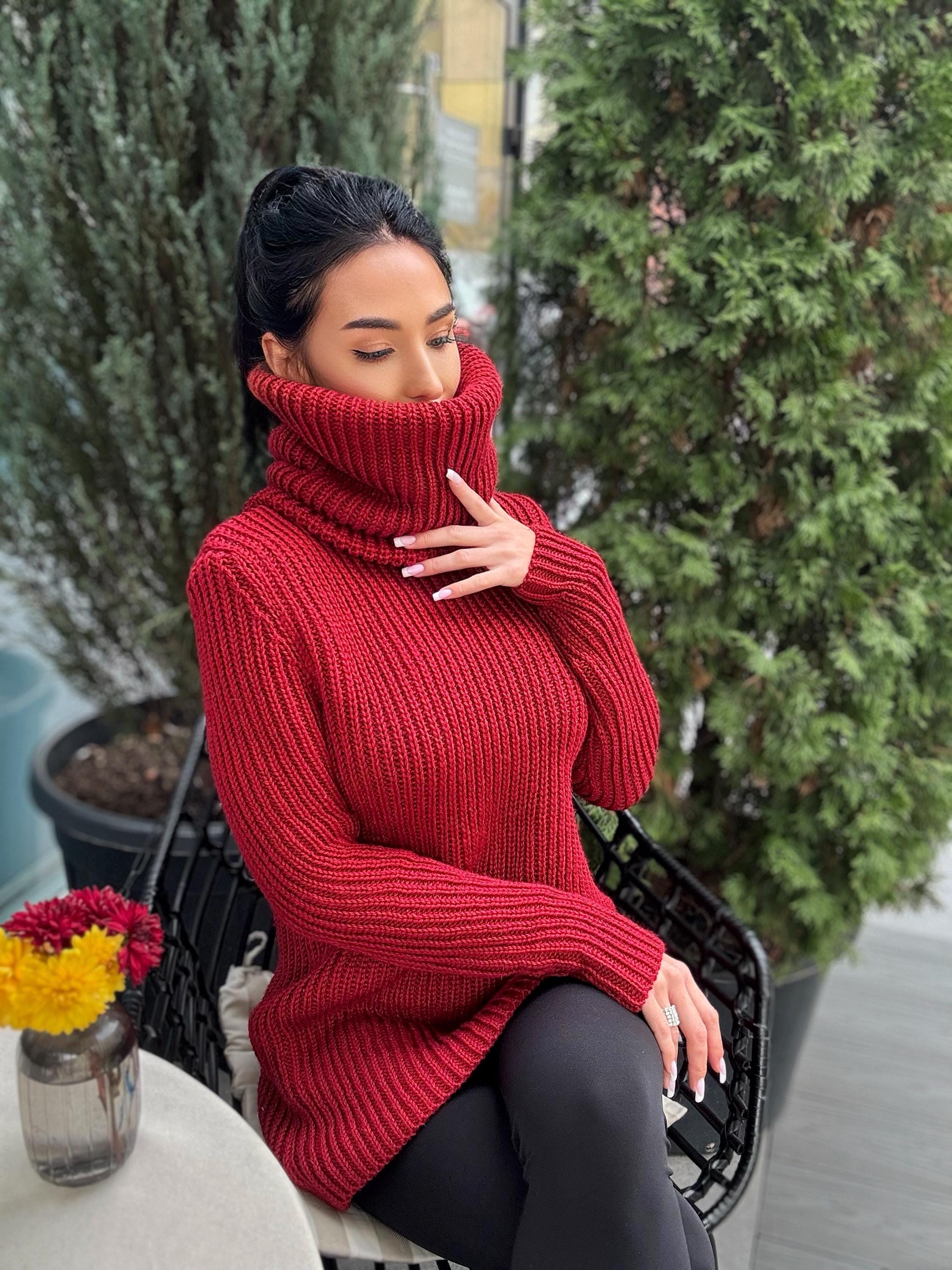 Hand knit merino wool red burgundy big high collar long sleeves sweater turtleneck Cable Knit wool pullover Womens Chunky knit sweater dress