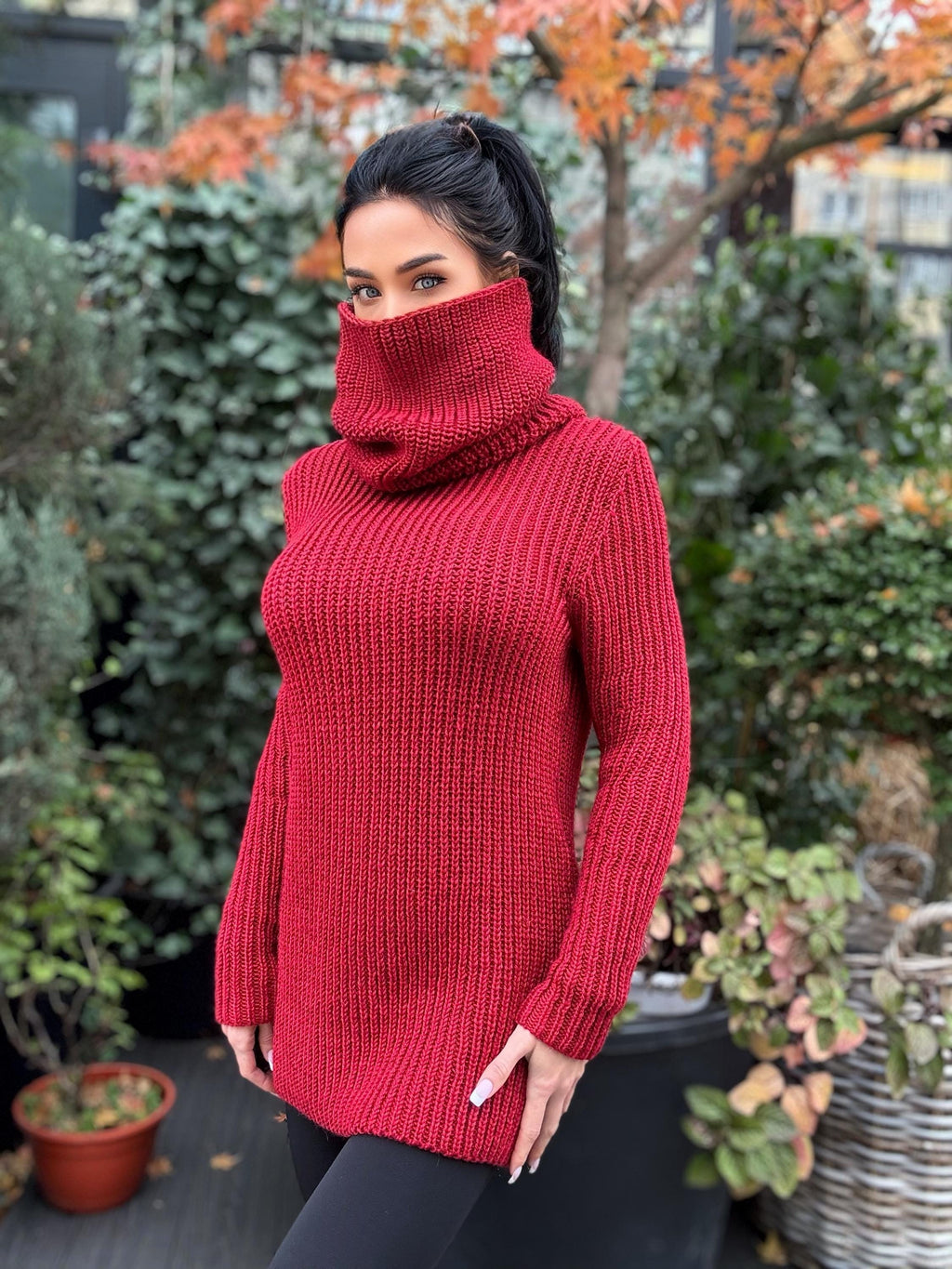 Hand knit merino wool red burgundy big high collar long sleeves sweater turtleneck Cable Knit wool pullover Womens Chunky knit sweater dress