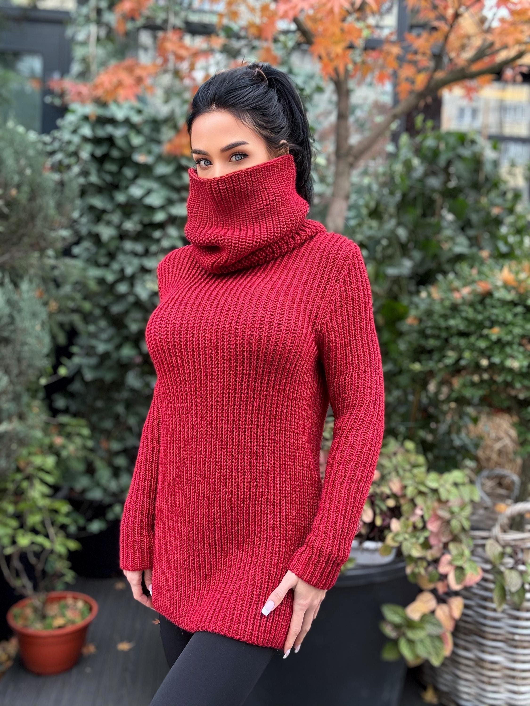 Hand knit merino wool red burgundy big high collar long sleeves sweater turtleneck Cable Knit wool pullover Womens Chunky knit sweater dress