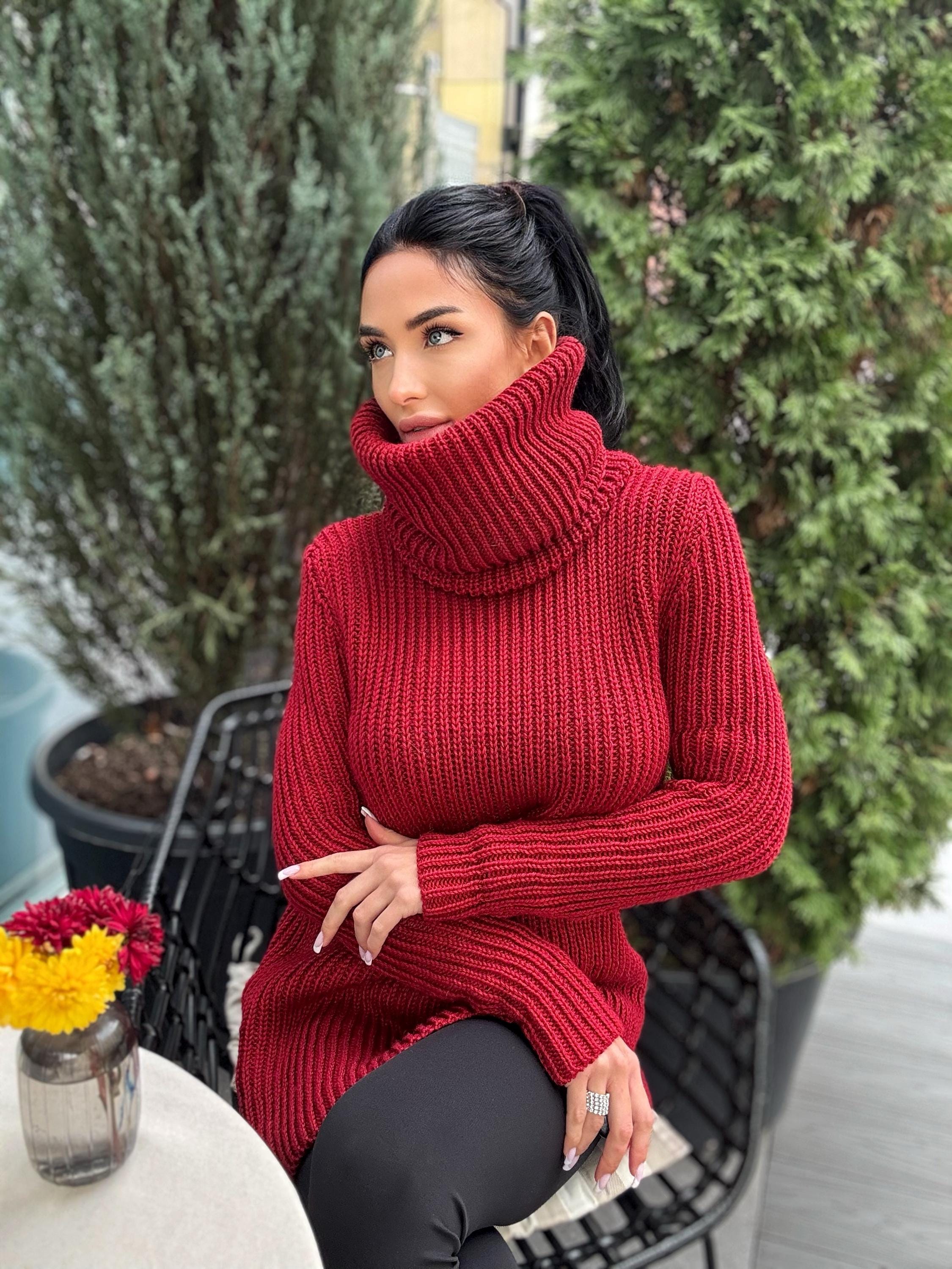 Hand knit merino wool red burgundy big high collar long sleeves sweater turtleneck Cable Knit wool pullover Womens Chunky knit sweater dress