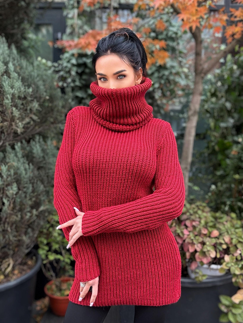 Hand knit merino wool red burgundy big high collar long sleeves sweater turtleneck Cable Knit wool pullover Womens Chunky knit sweater dress