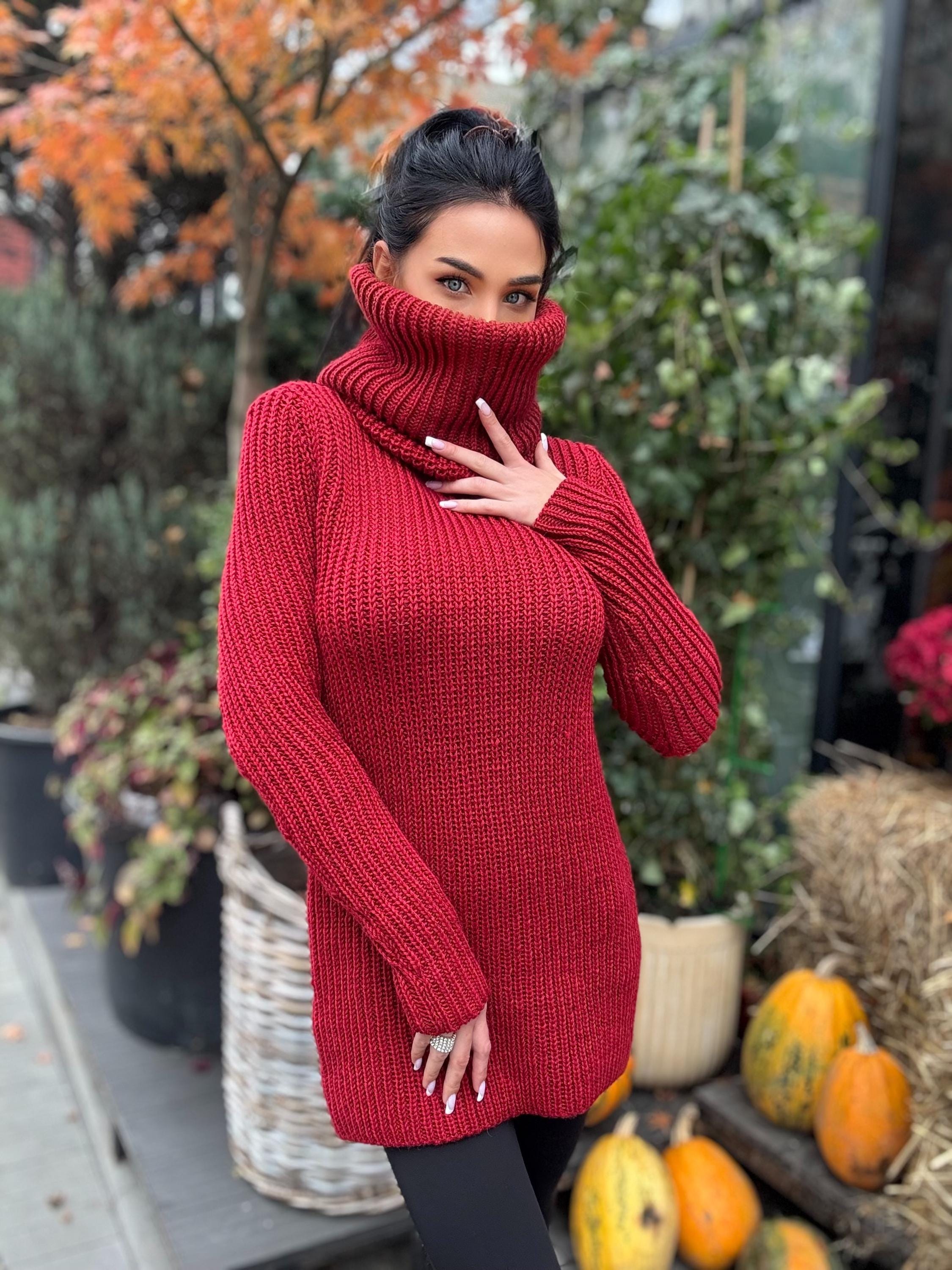 Hand knit merino wool red burgundy big high collar long sleeves sweater turtleneck Cable Knit wool pullover Womens Chunky knit sweater dress