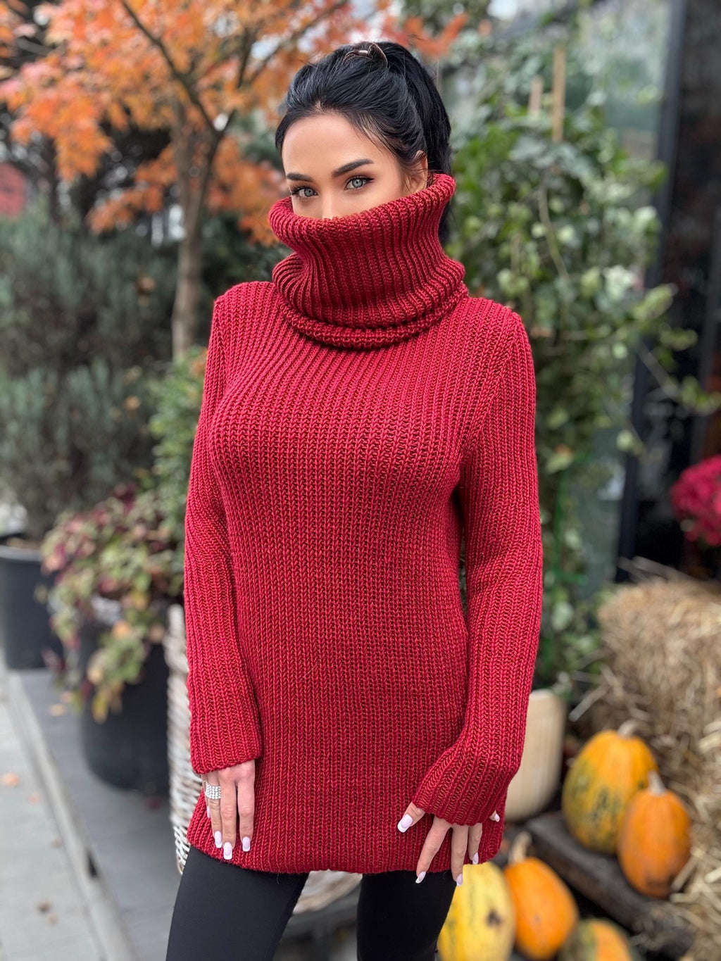 Hand knit merino wool red burgundy big high collar long sleeves sweater turtleneck Cable Knit wool pullover Womens Chunky knit sweater dress