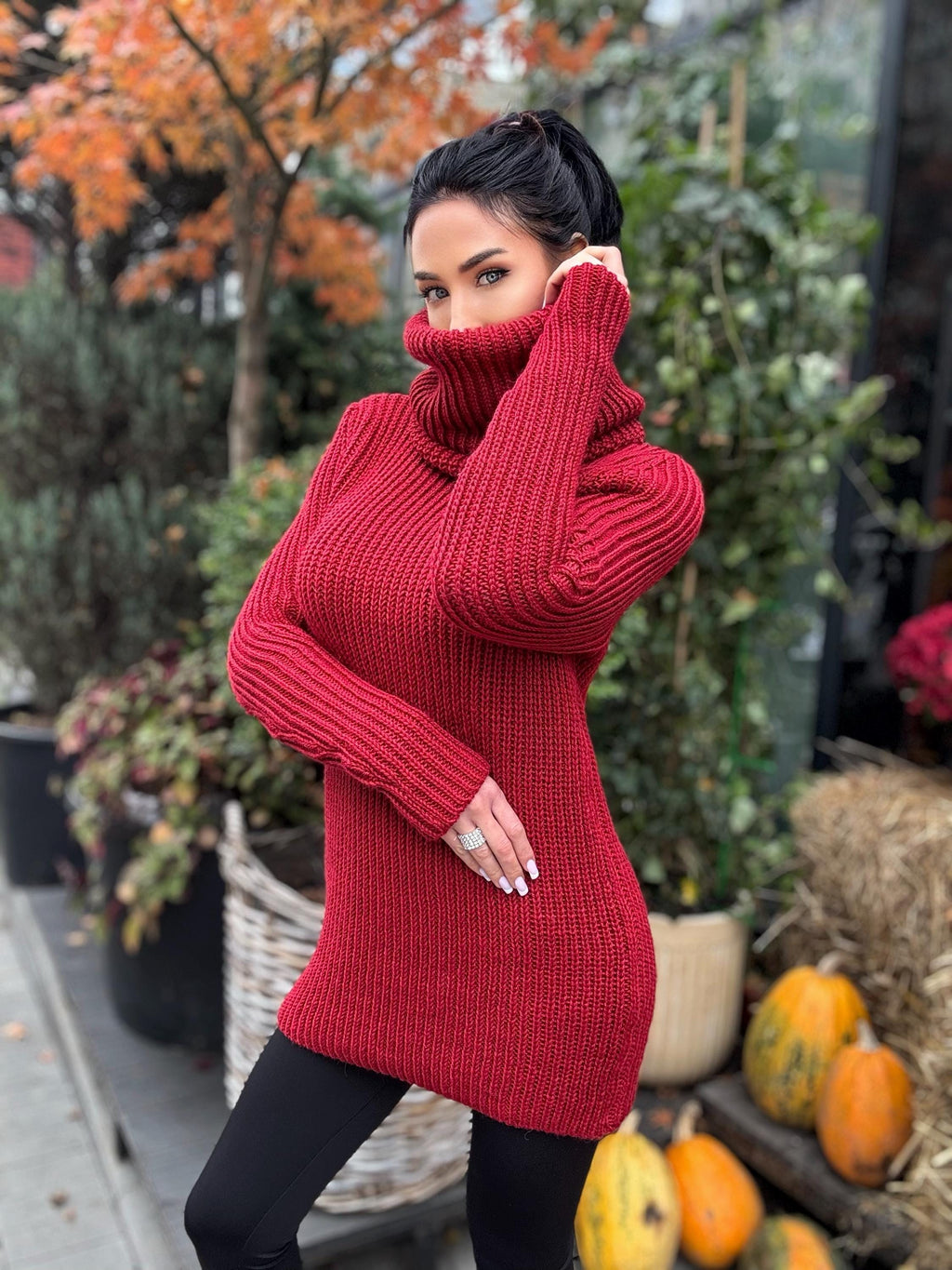Hand knit merino wool red burgundy big high collar long sleeves sweater turtleneck Cable Knit wool pullover Womens Chunky knit sweater dress