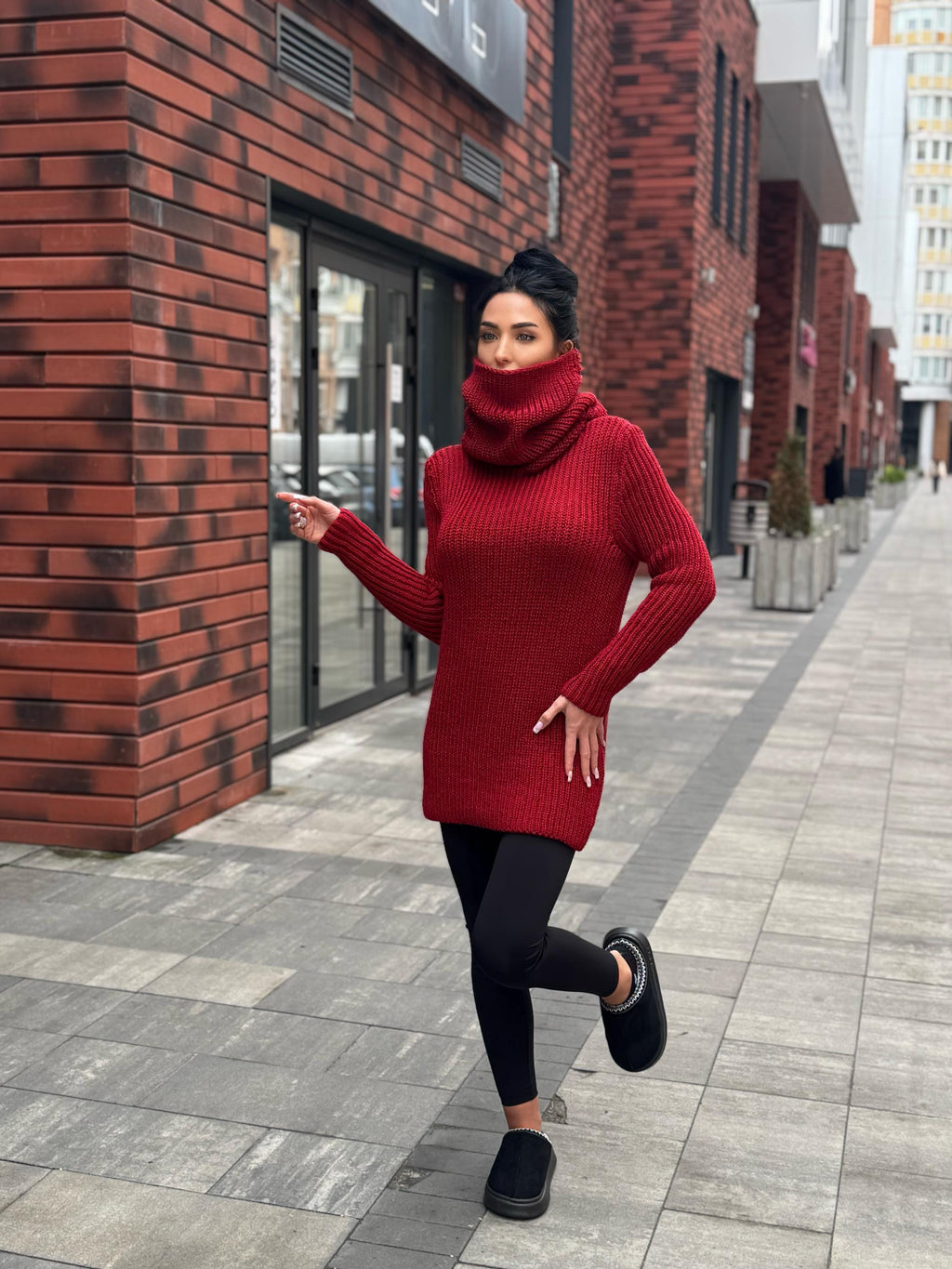 Hand knit merino wool red burgundy big high collar long sleeves sweater turtleneck Cable Knit wool pullover Womens Chunky knit sweater dress