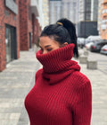 Hand knit merino wool red burgundy big high collar long sleeves sweater turtleneck Cable Knit wool pullover Womens Chunky knit sweater dress