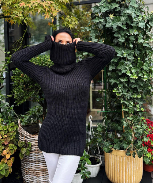Black hand knit merino wool big collar long sweater turtleneck Cable knit wool big pullover Chunky knit sweater dress long narrow sleeves