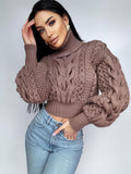 Crop merino wool cable knit Chocolate light brown puff sleeves sweater high collar Chunky knit soft oversize turtleneck Pullover Womens