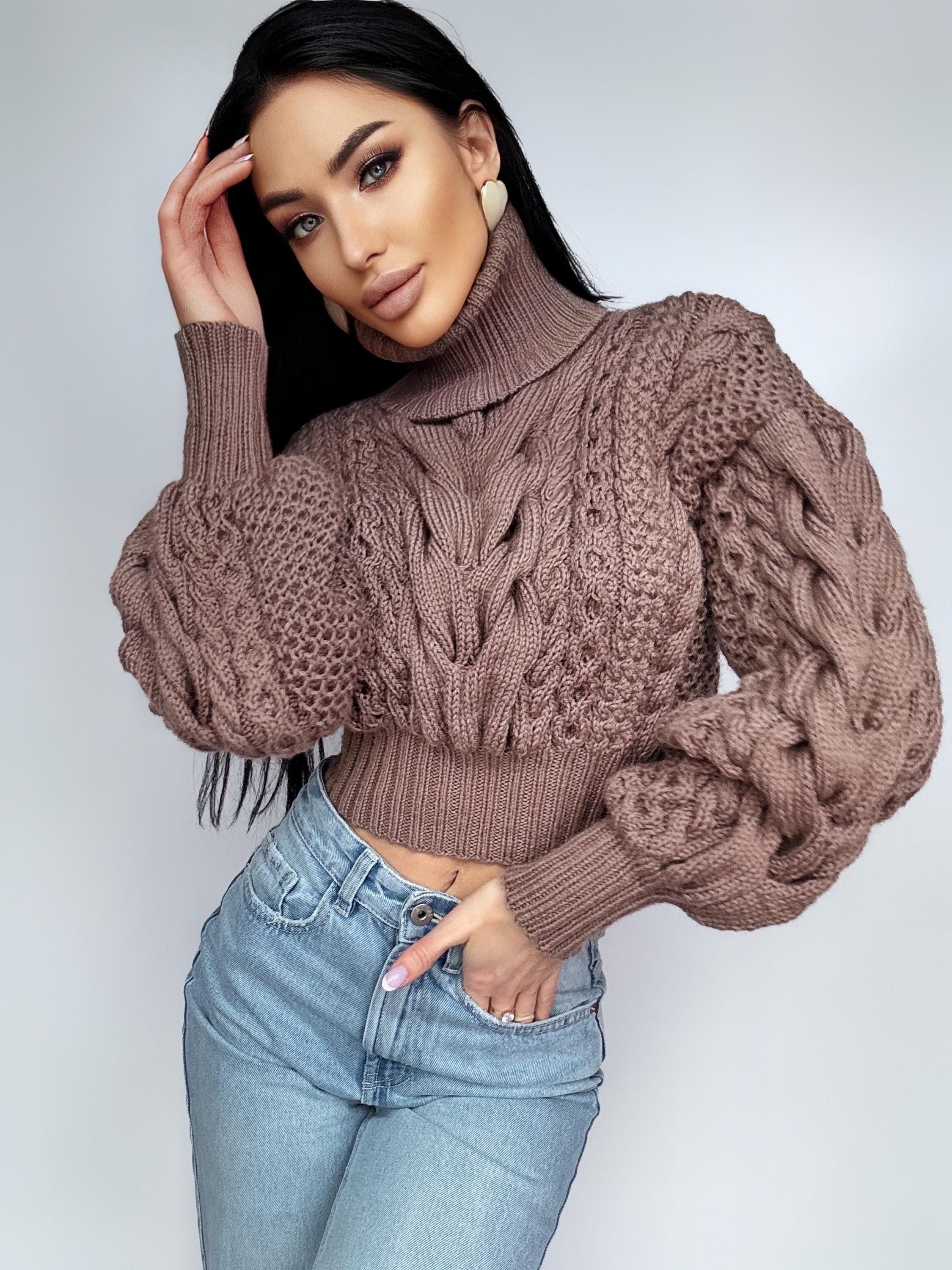 Crop merino wool cable knit Chocolate light brown puff sleeves sweater high collar Chunky knit soft oversize turtleneck Pullover Womens