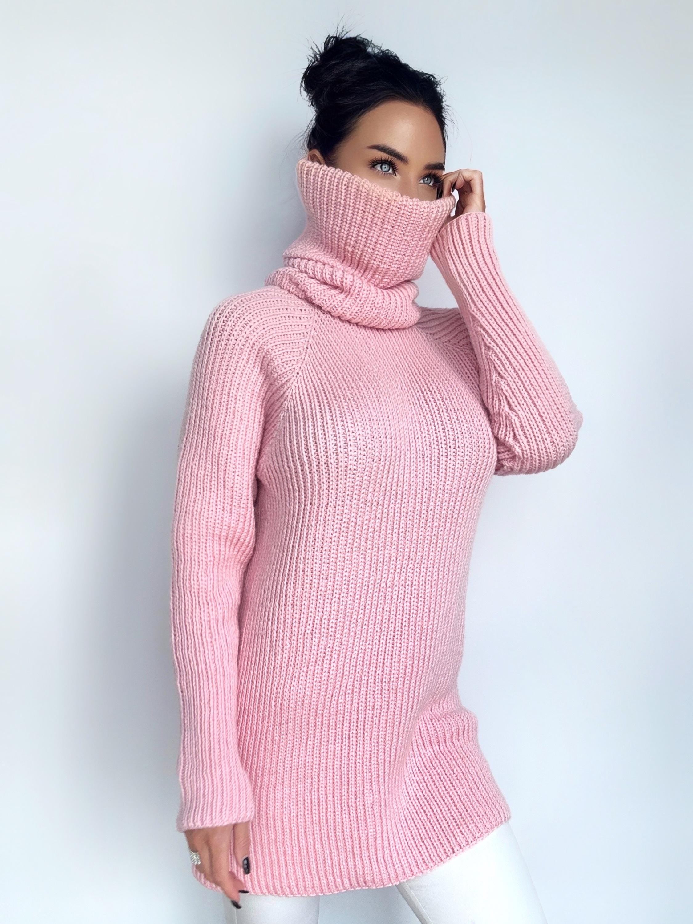 Hand knit merino wool pink big high collar long sleeves sweater unisex Cable Knit Turtleneck wool pullover Womens Chunky knit sweater dress