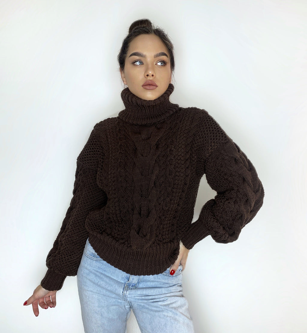 Hand knitted soft merino wool dark brown chocolate sweater Chunky Knit Turtleneck Oversized Pullover Womens Cable knit Jumper winter sweater