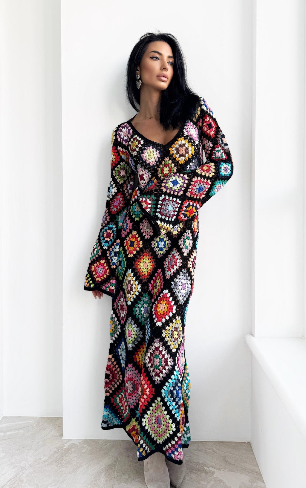 Crochet black Maxi granny square dress Crochet afghan dress Boho crochet Colourful dress cotton dress Festival Clothing Vintage Style Dres