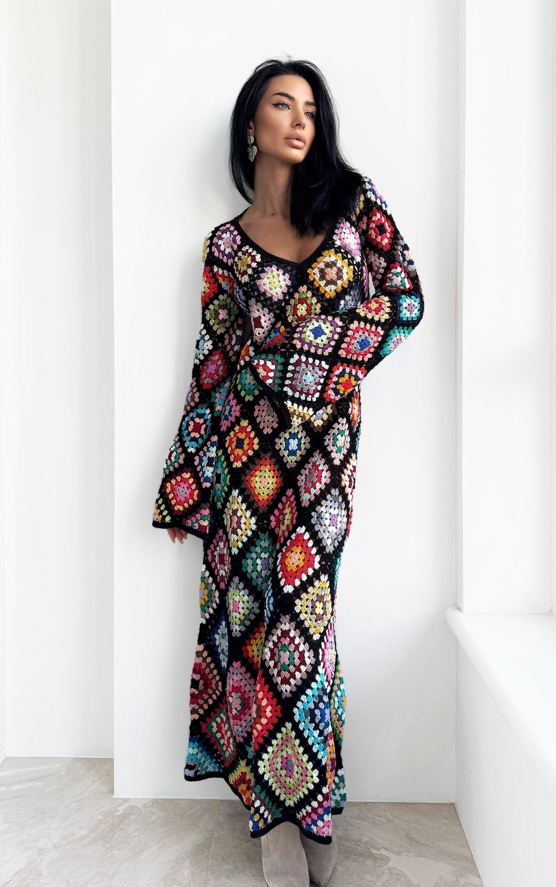 Crochet black Maxi granny square dress Crochet afghan dress Boho crochet Colourful dress cotton dress Festival Clothing Vintage Style Dres