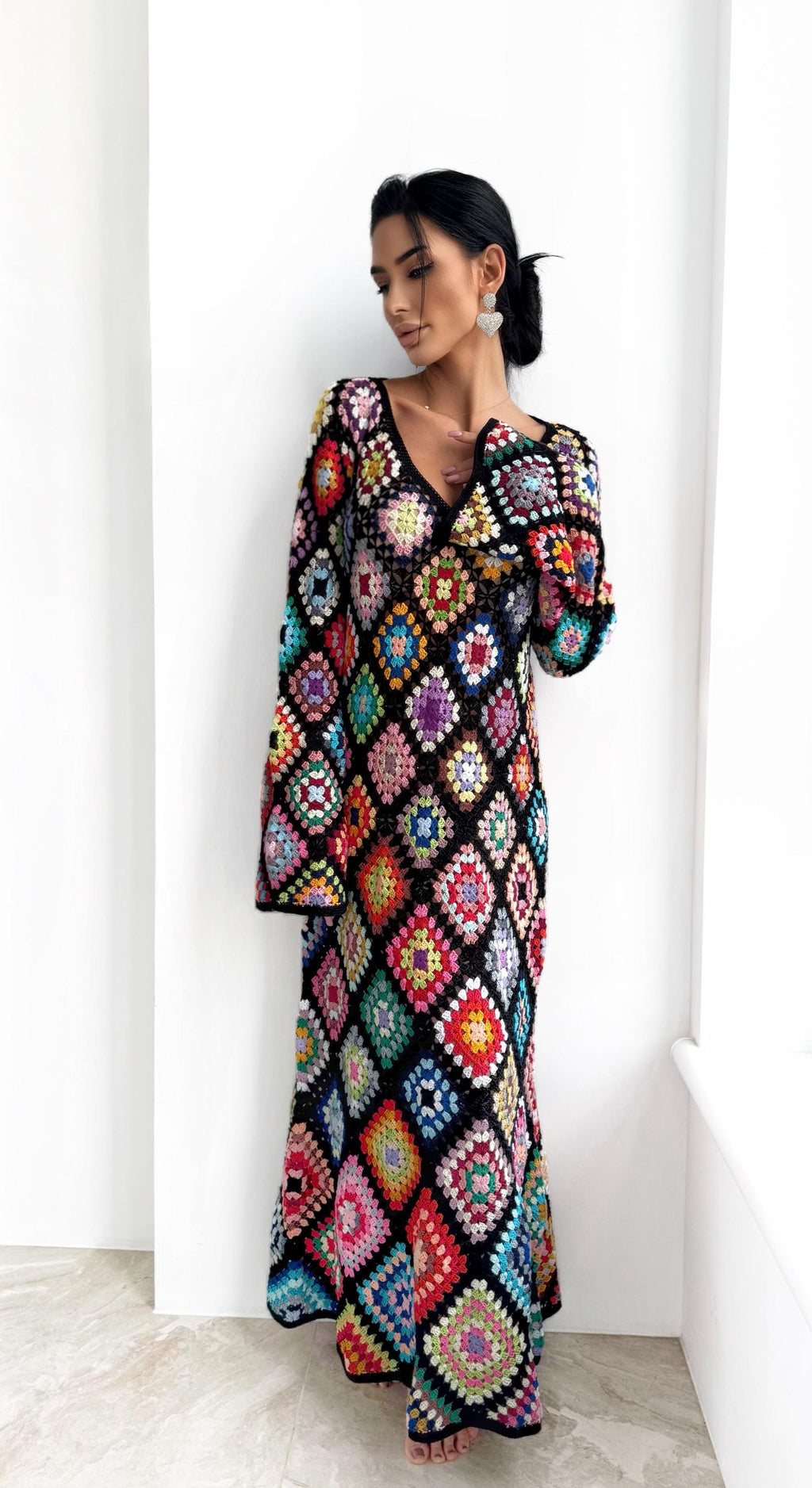 Crochet black Maxi granny square dress Crochet afghan dress Boho crochet Colourful dress cotton dress Festival Clothing Vintage Style Dres