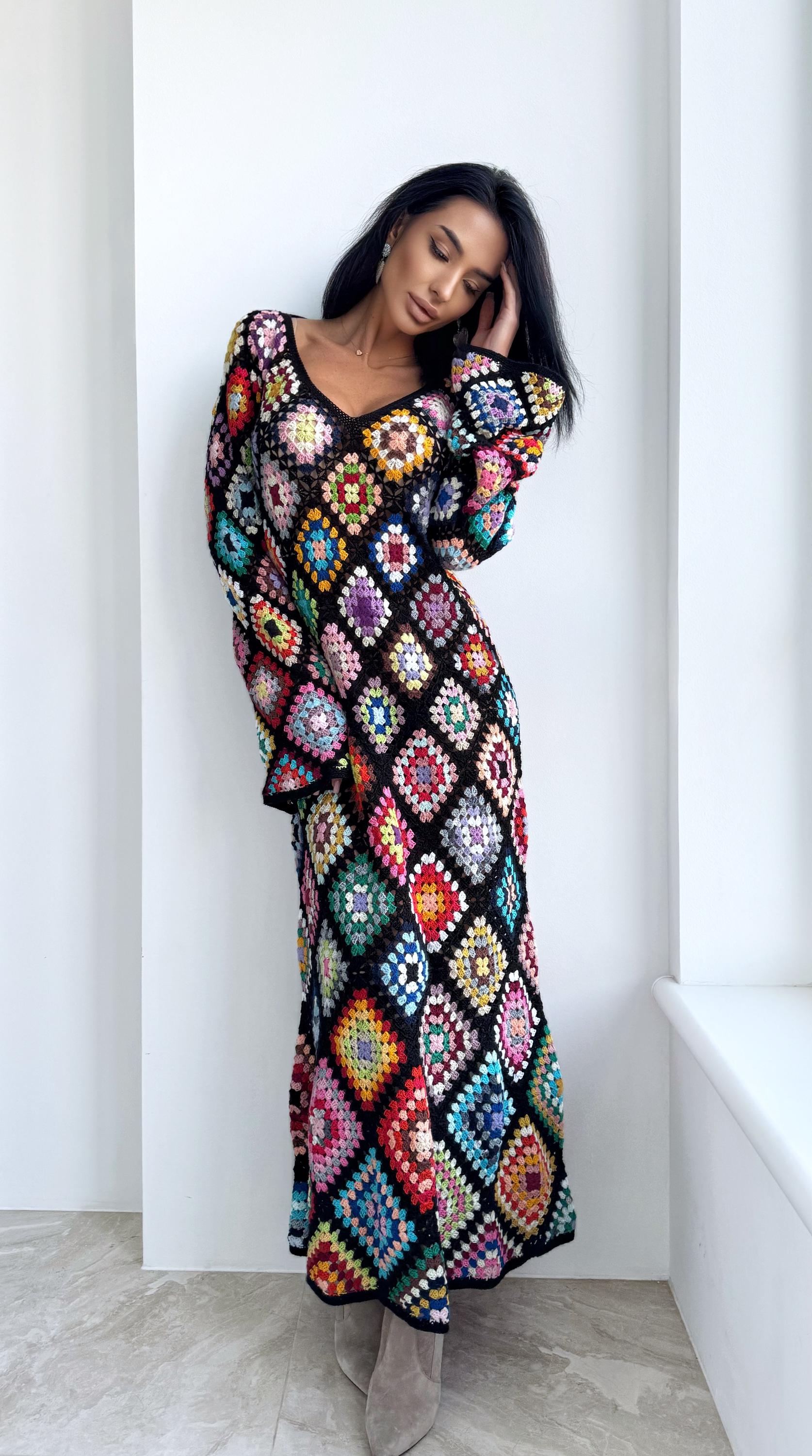 Crochet black Maxi granny square dress Crochet afghan dress Boho crochet Colourful dress cotton dress Festival Clothing Vintage Style Dres