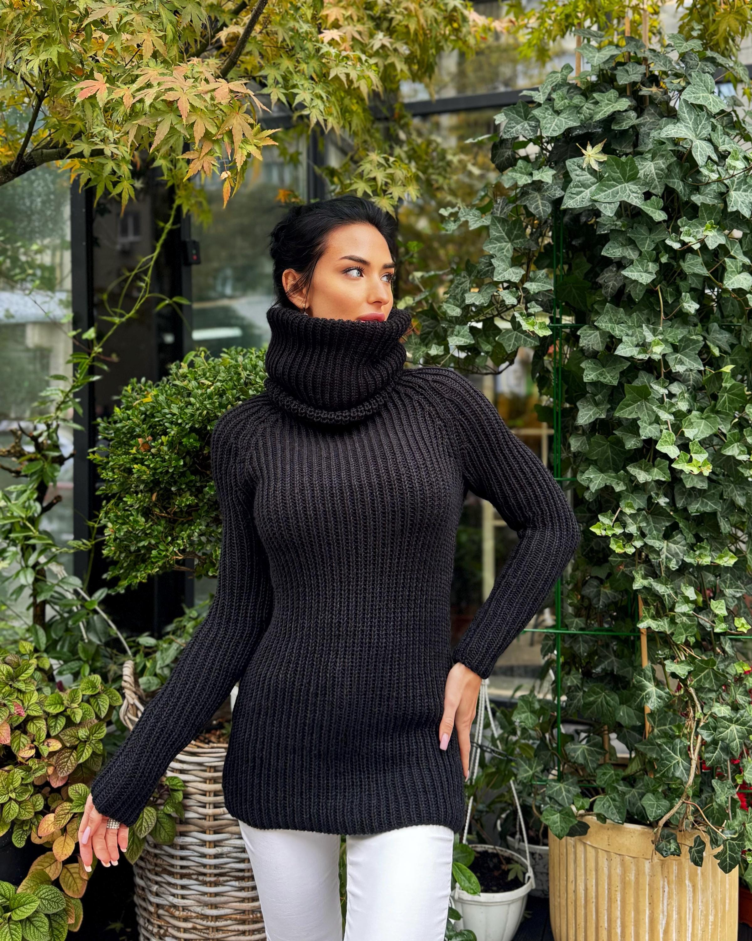 Black hand knit merino wool big collar long sweater turtleneck Cable knit wool big pullover Chunky knit sweater dress long narrow sleeves