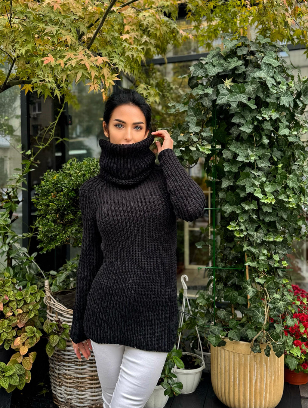 Cable knit black hand knit merino wool big high collar long sweater wool big pullover Chunky knit sweater dress long narrow sleeves