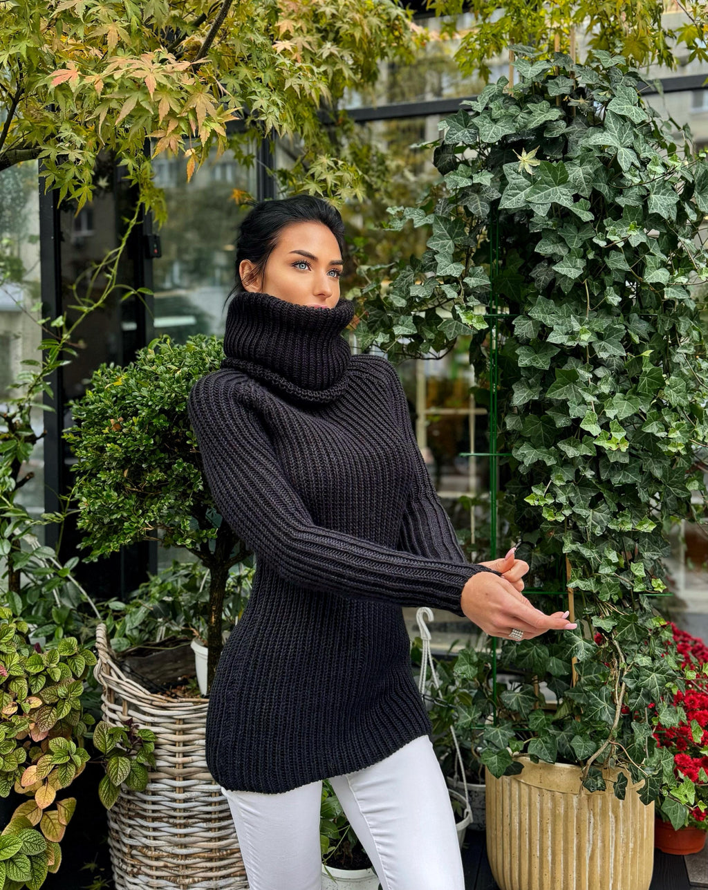 Black hand knit merino wool big collar long sweater turtleneck Cable knit wool big pullover Chunky knit sweater dress long narrow sleeves