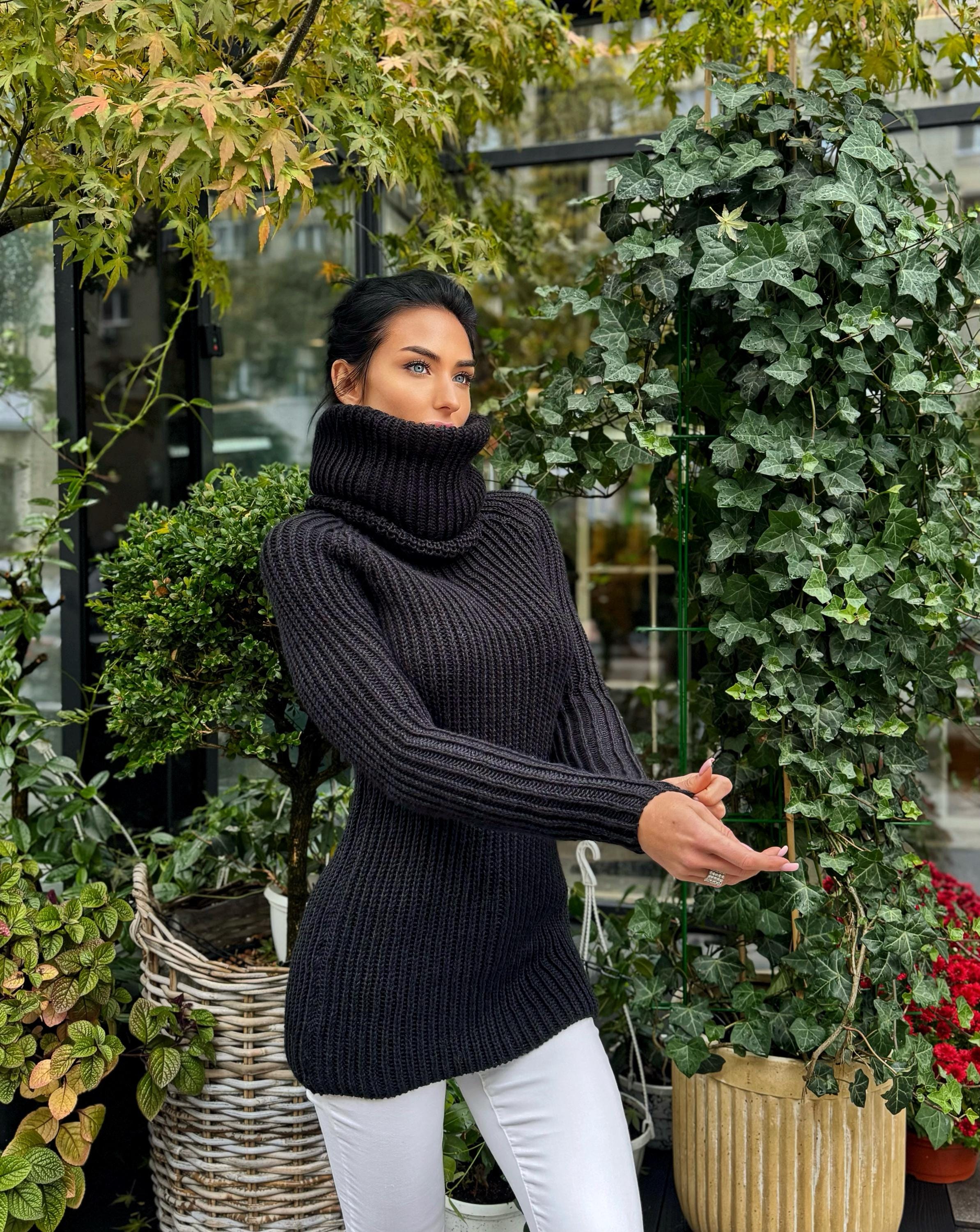 Black hand knit merino wool big collar long sweater turtleneck Cable knit wool big pullover Chunky knit sweater dress long narrow sleeves