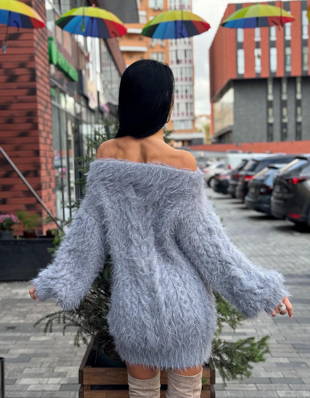 Hand knit Gray Silver fluffy women off shoulder sweater dress Long Cable knit merino wool sweater open shoulders dress Big aran long sweate
